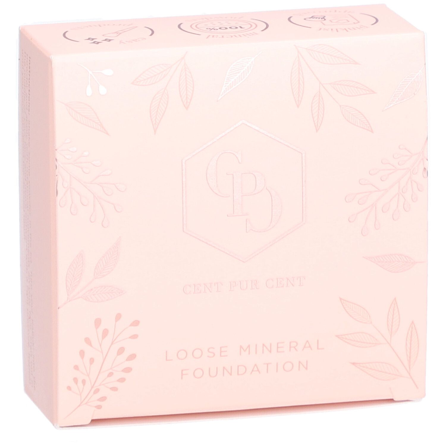 Boîte rose avec motifs floraux. Logo et texte: Cent Pur Cent Loose Mineral Foundation.