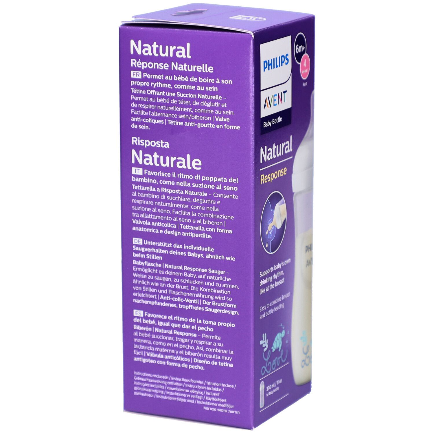 Rückseite der Philips Avent Babyflaschen-Verpackung. Text in mehreren Sprachen. 6m+ und 4 Tropfen.