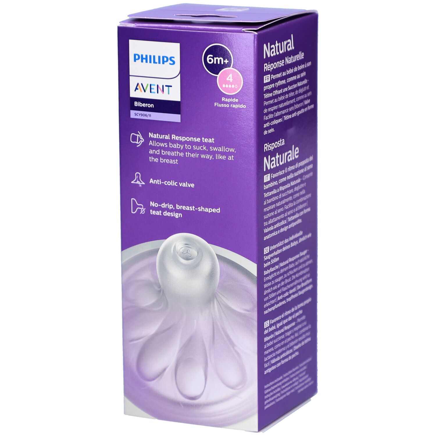 Nahaufnahme der Philips Avent Babyflaschen-Verpackung. Flaschensauger-Design. 6m+ und 4 Tropfen.