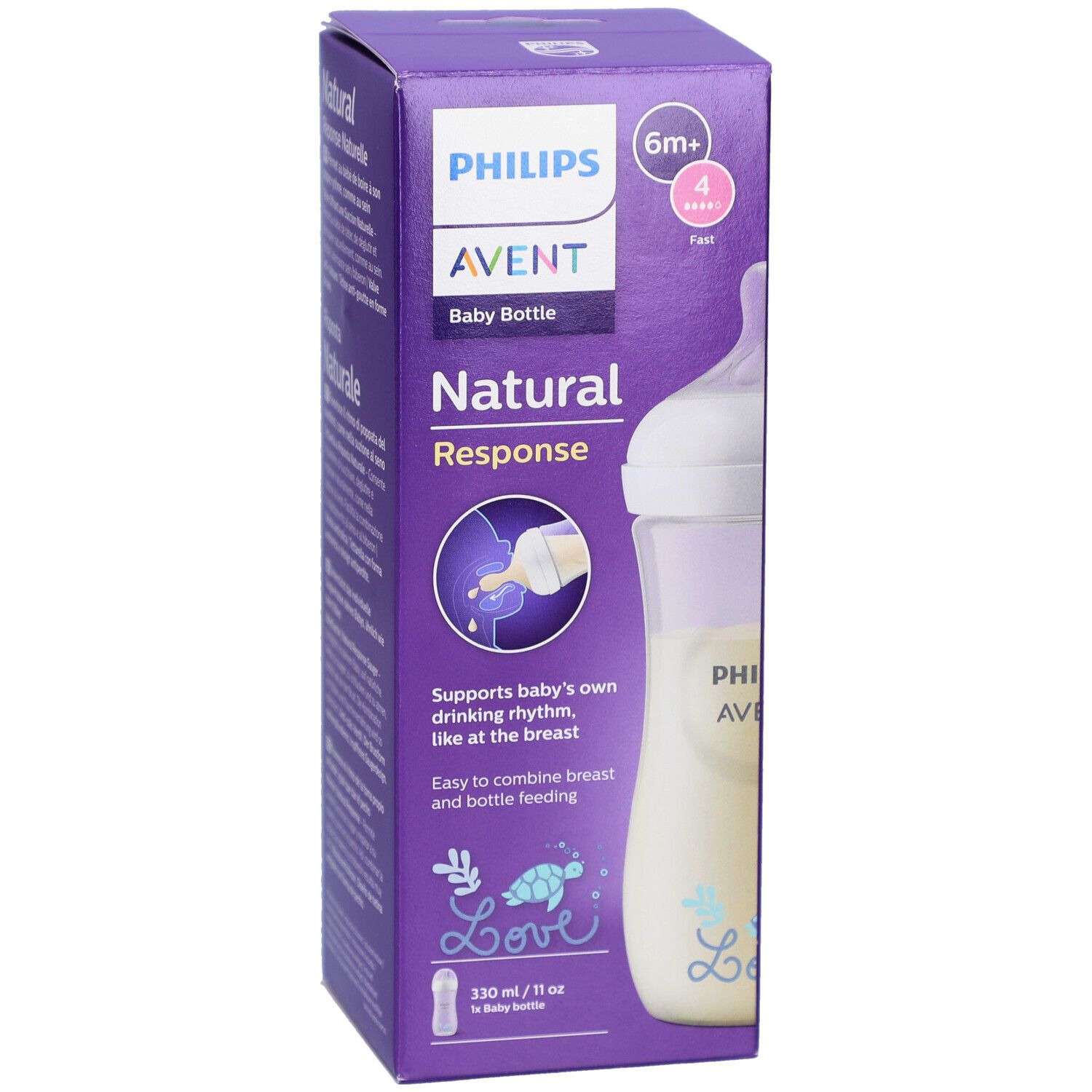 Philips Avent Babyflasche in der Verpackung. Flasche mit Milch, weißem Deckel. 6m+ und 4 Tropfen.