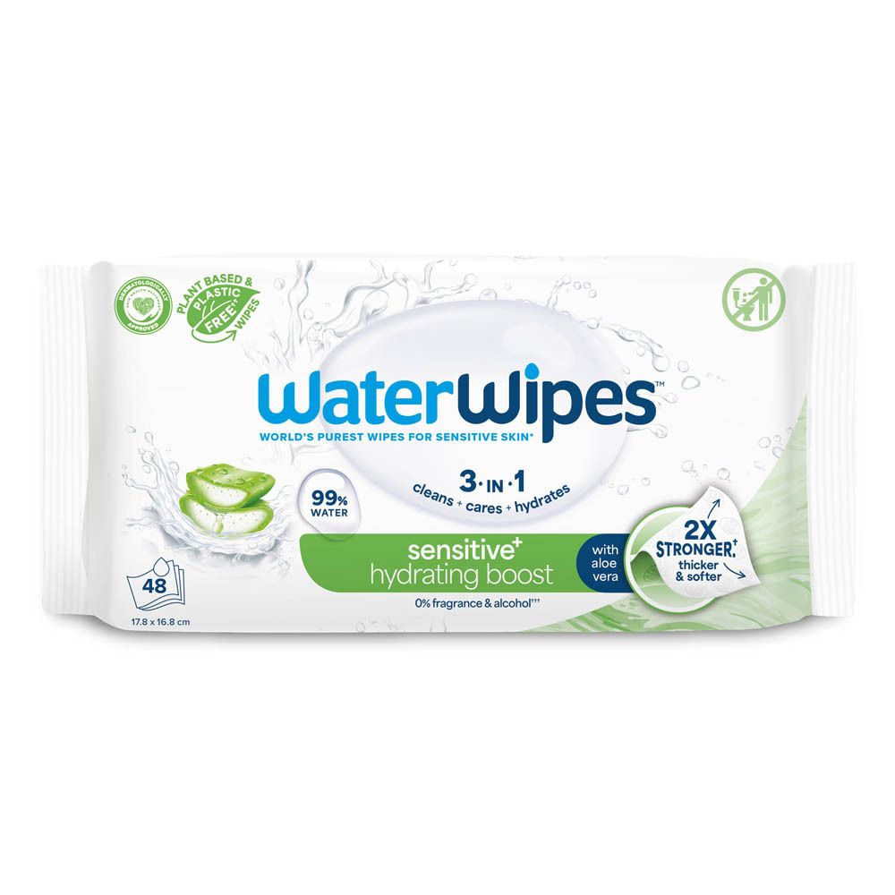 Weiße Verpackung "WaterWipes" für empfindliche Haut. Mit Aloe Vera. 48 Tücher. 2X stärker & weicher.