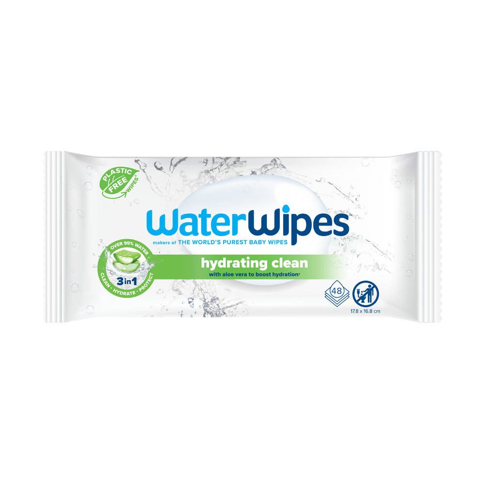 Paquet blanc 'WaterWipes hydrating clean'. Contient 48 lingettes. Avec aloe vera.