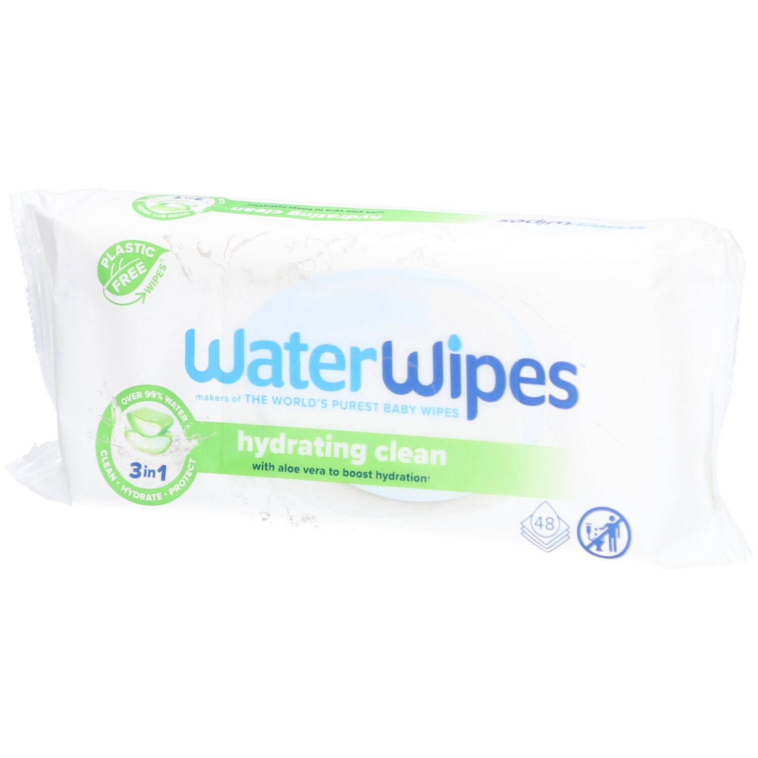 Weiße Verpackung mit 'WaterWipes' und 'hydrating clean'. Enthält 48 Tücher. Mit Aloe Vera.