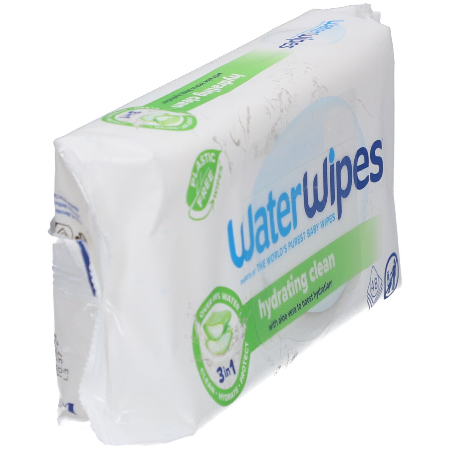 Schräg gestellte Verpackung 'WaterWipes hydrating clean'. Enthält 48 Tücher. Mit Aloe Vera.