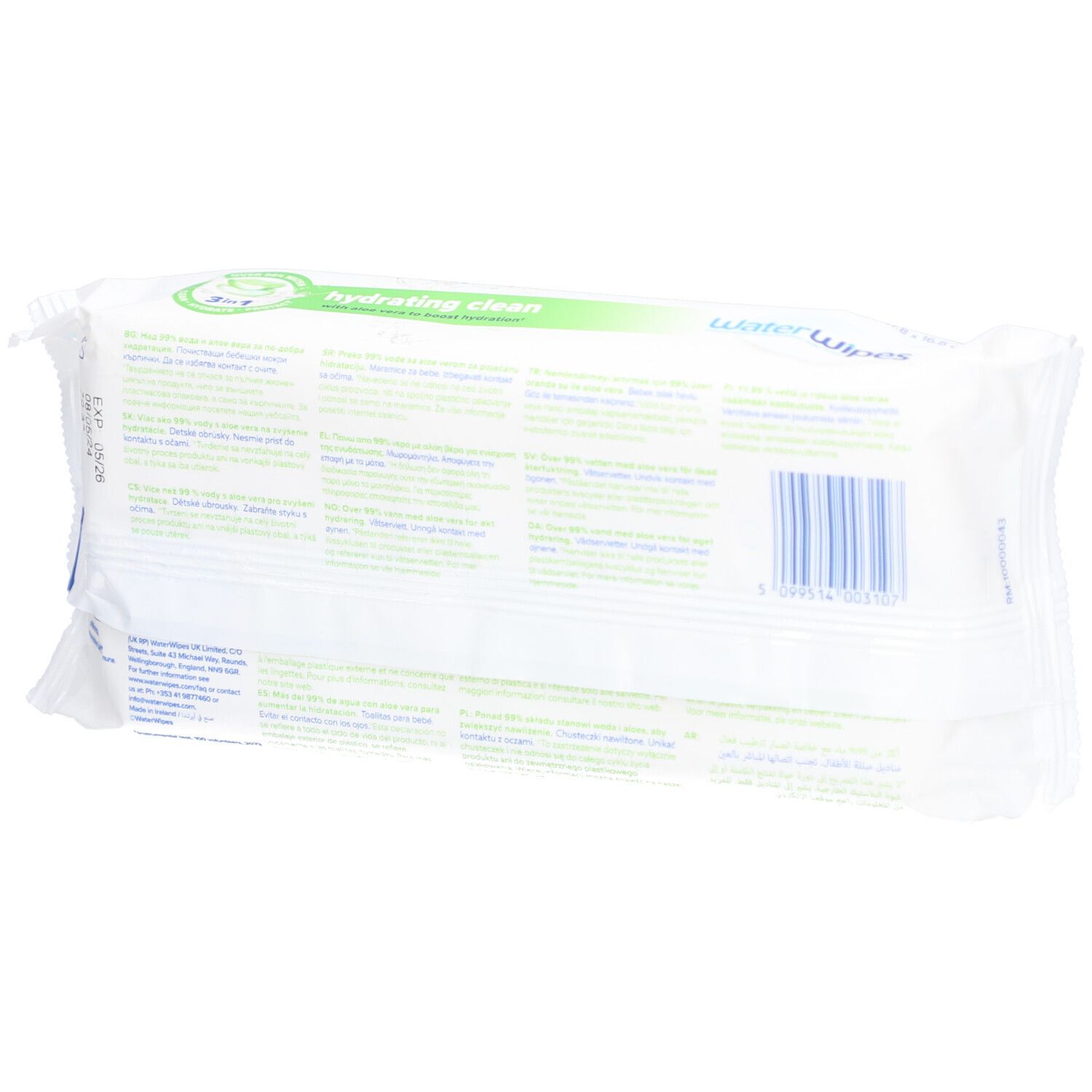 Rückseite der Verpackung 'WaterWipes hydrating clean'. Text in verschiedenen Sprachen. Barcode.