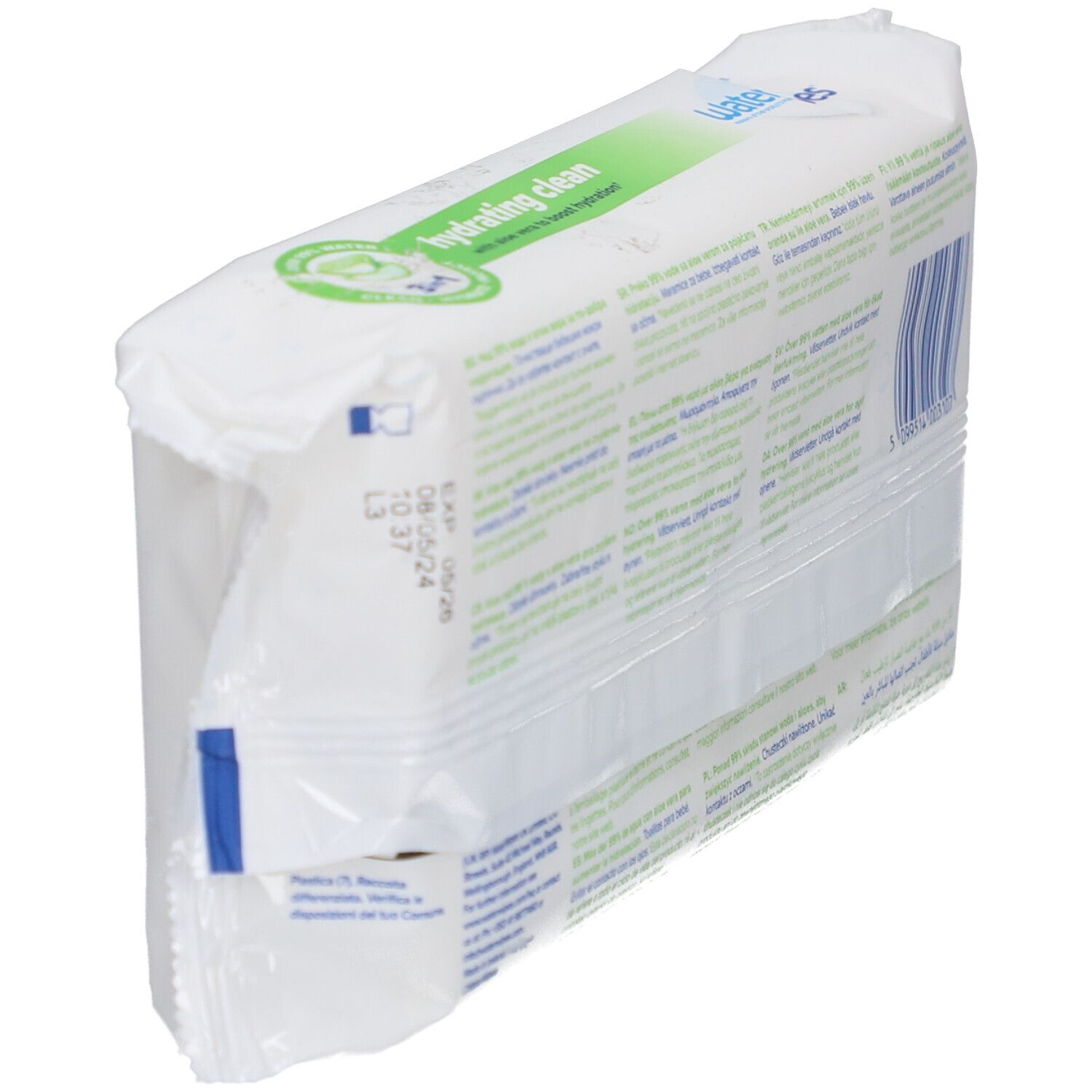 Schräg gestellte Verpackung 'WaterWipes hydrating clean'. Rückseite mit Text und Barcode.