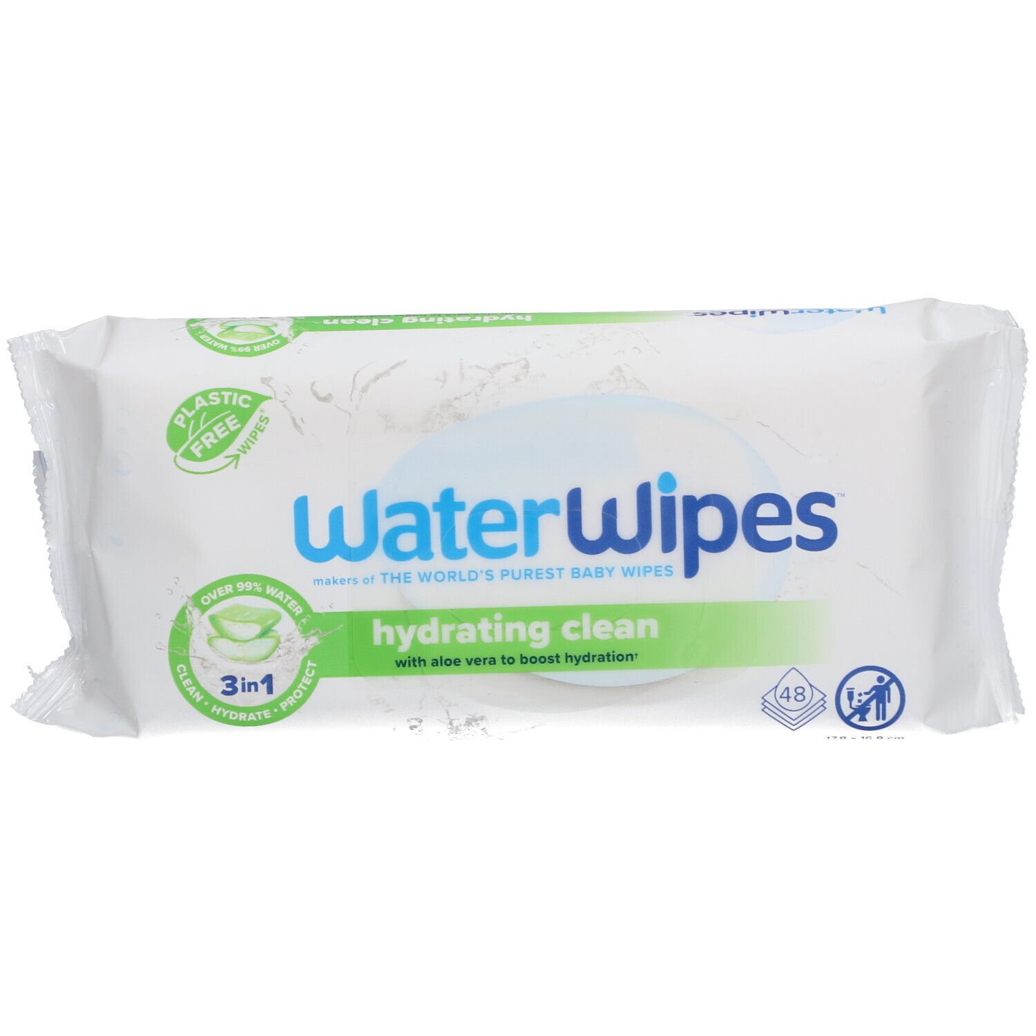 Weiße Verpackung 'WaterWipes hydrating clean'. Enthält 48 Tücher. Mit Aloe Vera.