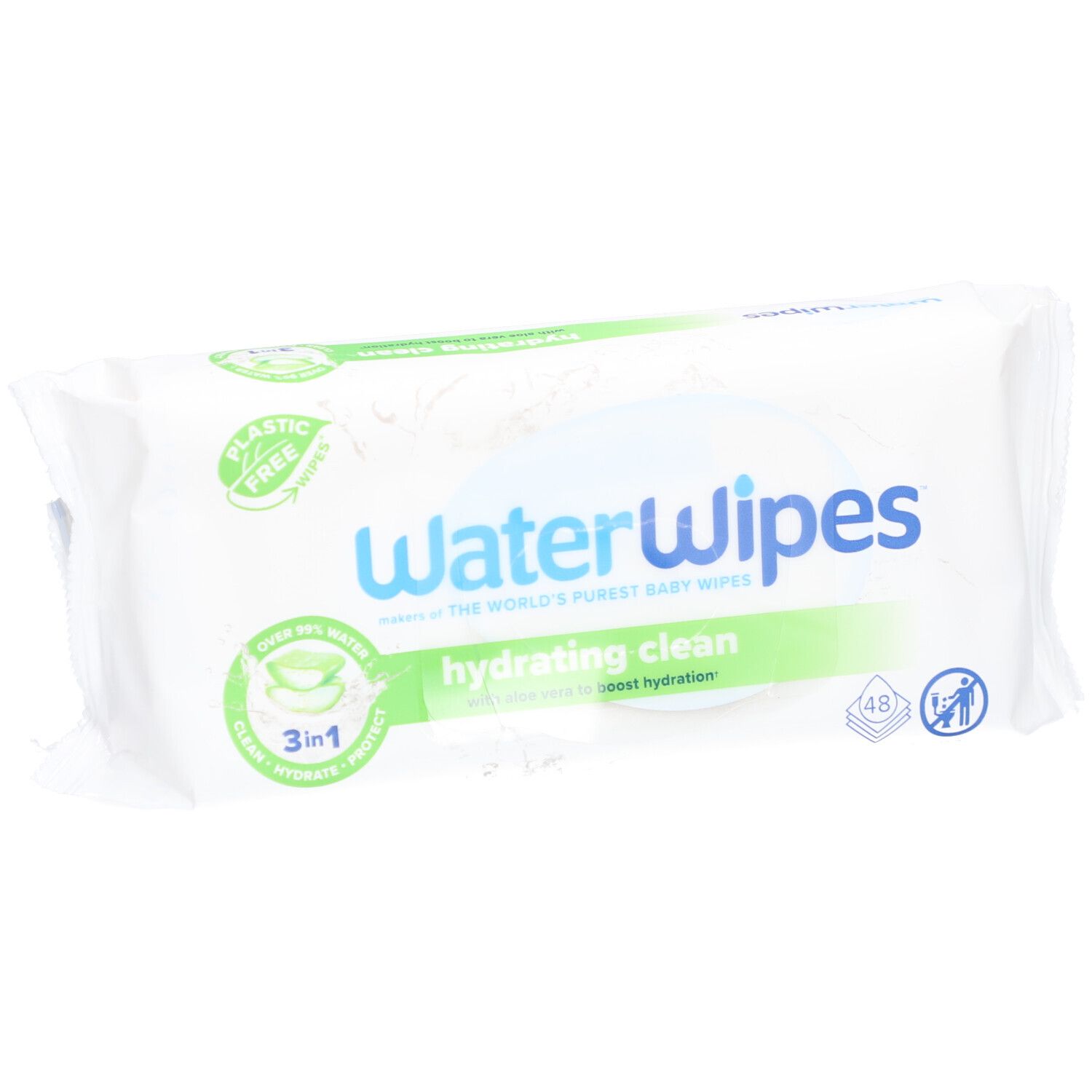 Weiße Verpackung 'WaterWipes hydrating clean'. Enthält 48 Tücher. Mit Aloe Vera.