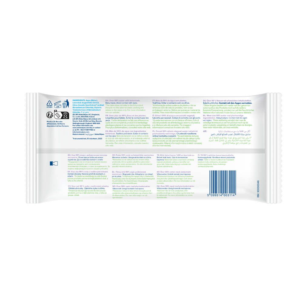 Dos du paquet 'WaterWipes hydrating clean'. Texte multilingue. Code-barres.