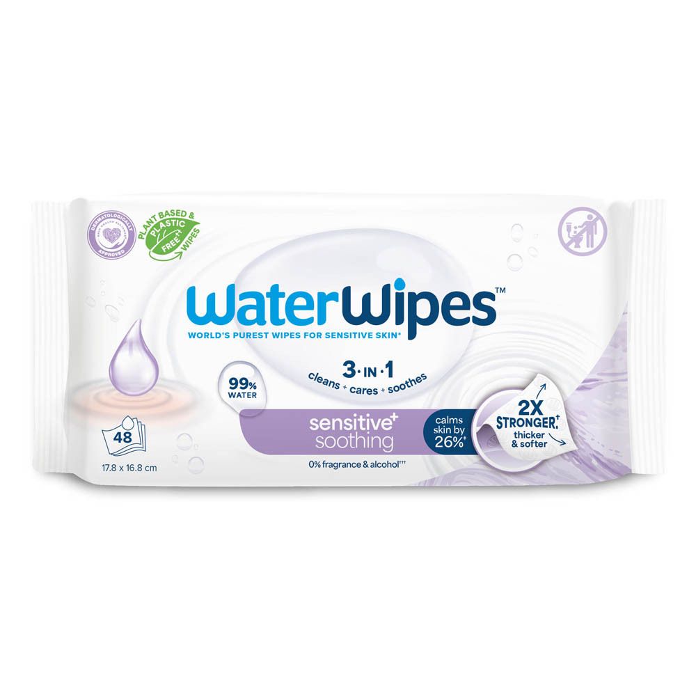 WaterWipes Feuchttücher-Packung. Weißes Paket mit Logo und Text. Enthält 48 Tücher. Abmessungen: 17,8 x 10,8 cm.