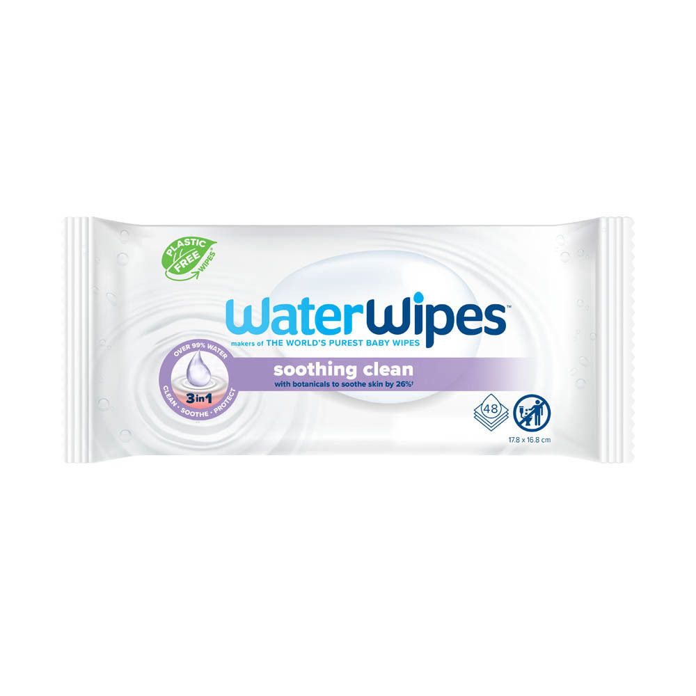 Paquet blanc avec logo WaterWipes et 'soothing clean'. Contient 48 lingettes. Label sans plastique.