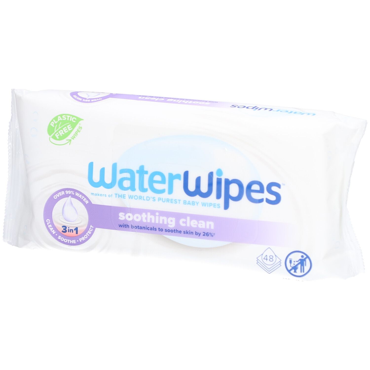 Weiße Verpackung mit WaterWipes-Logo und 'soothing clean'. Enthält 48 Tücher. Plastikfrei-Siegel.
