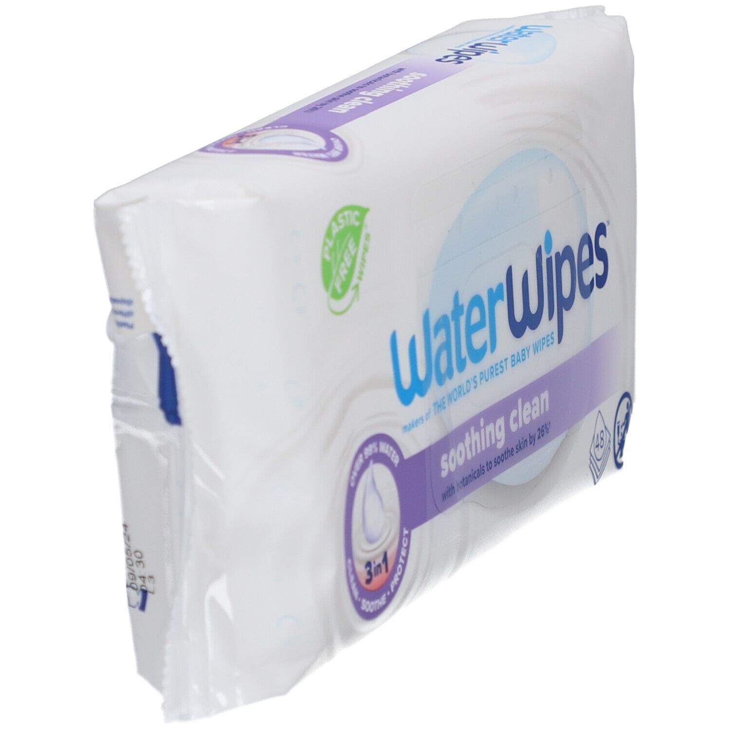 Schräg gestellte Verpackung mit WaterWipes-Logo und 'soothing clean'. Plastikfrei-Siegel sichtbar.