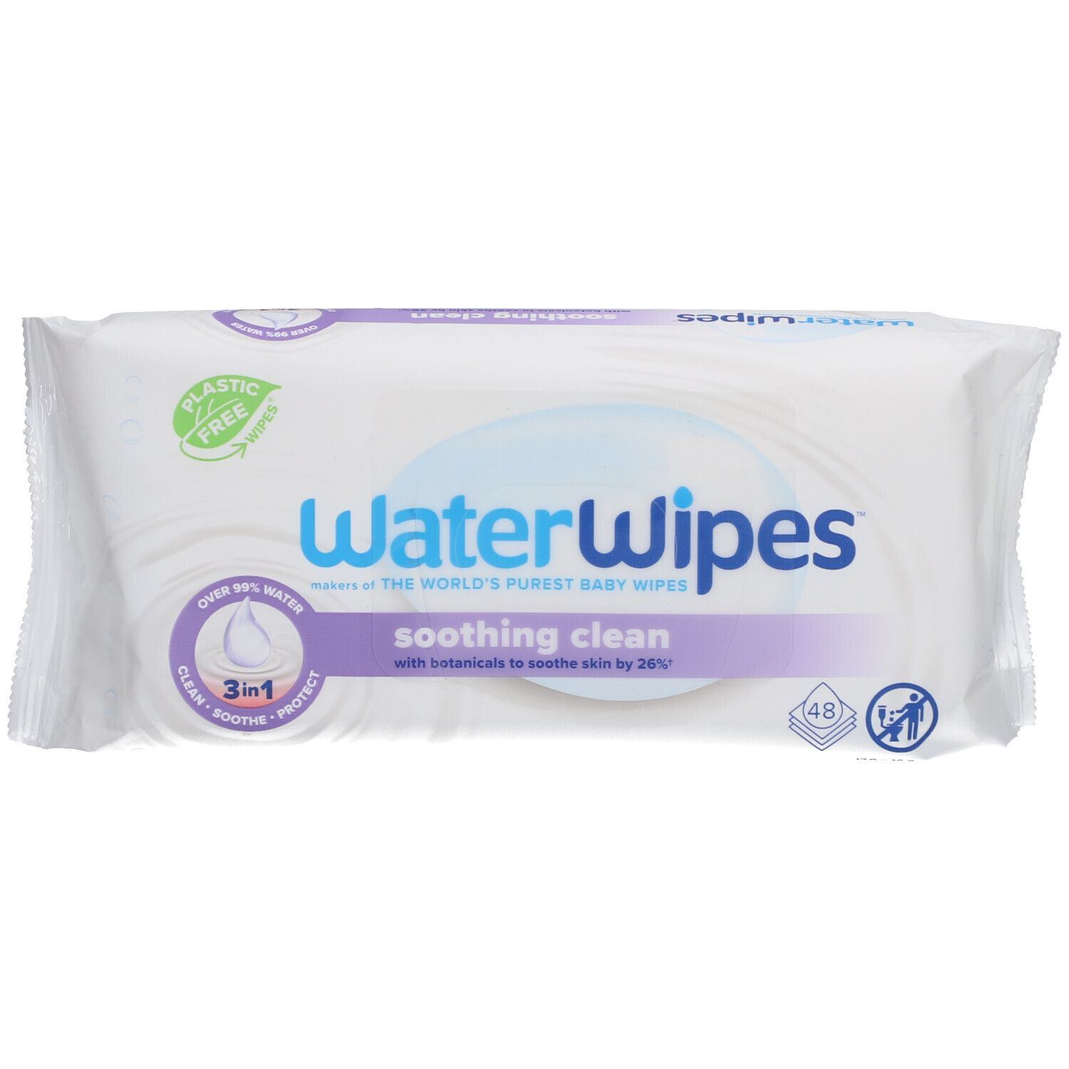 Weiße Verpackung mit WaterWipes-Logo und 'soothing clean'. Enthält 48 Tücher. Plastikfrei-Siegel.