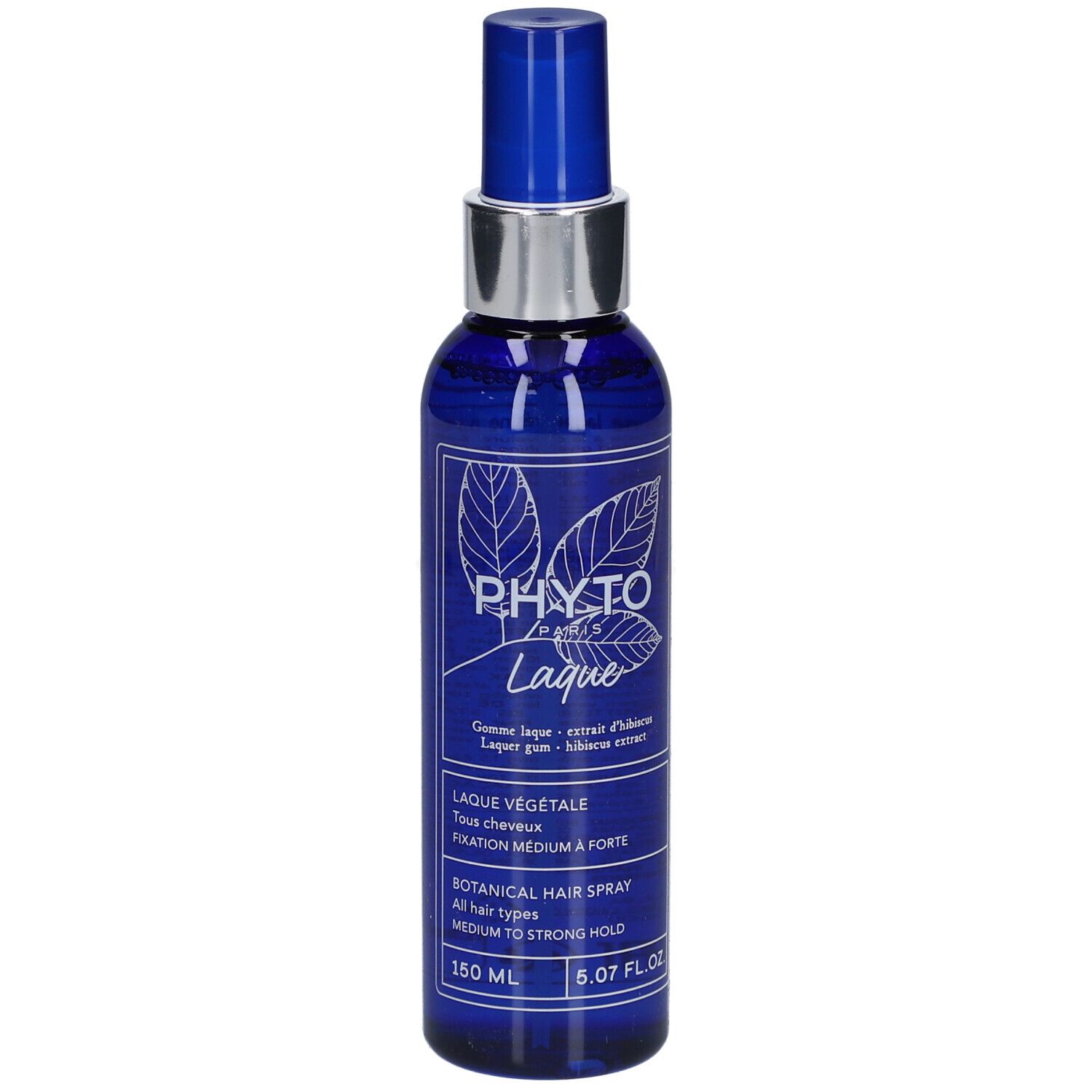 Blaue Sprühflasche mit silbernem Kragen. Aufschrift: PHYTO, Laque, 150 ml, Botanical Hair Spray, Fixierung mittel bis stark.