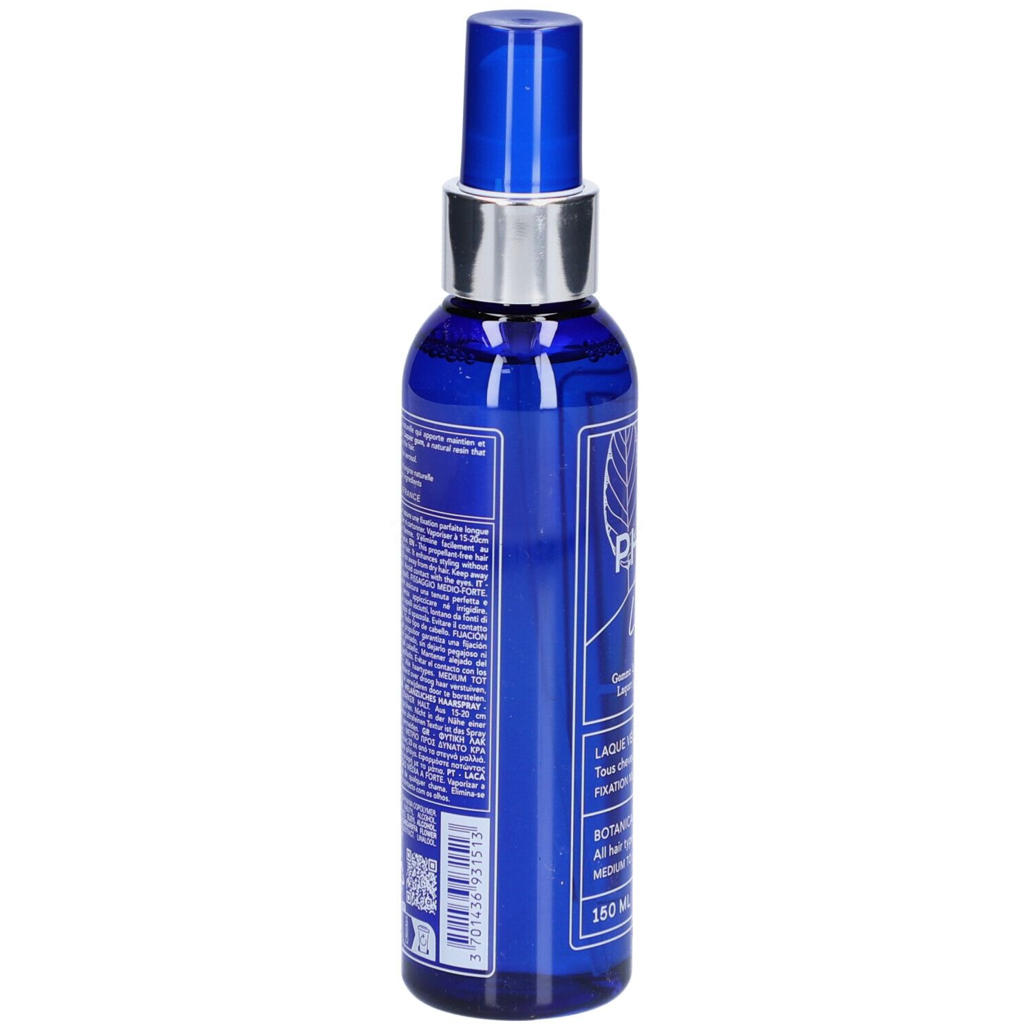 Blaue Sprühflasche mit silbernem Kragen. Aufschrift: PHYTO, Laque, 150 ml, Botanical Hair Spray, Fixierung mittel bis stark.