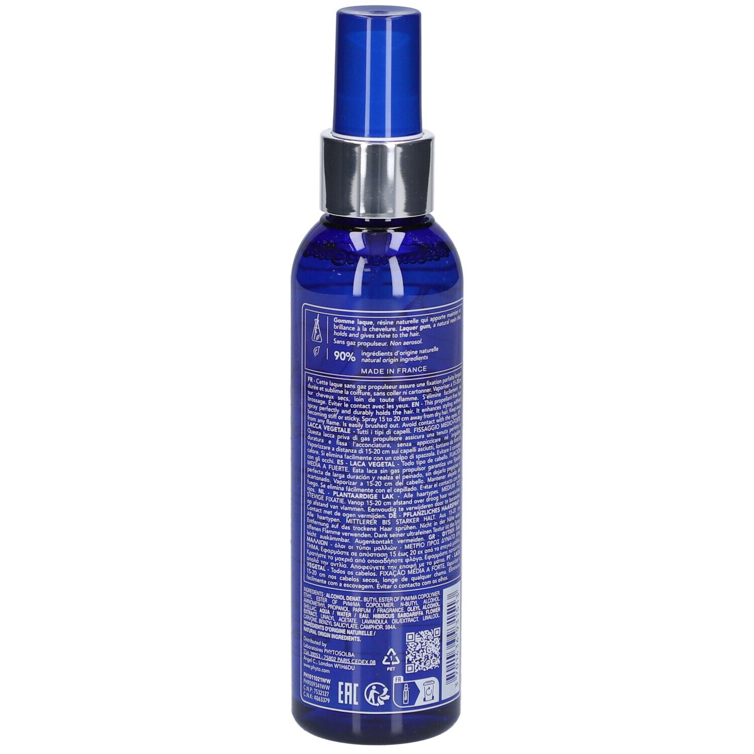 Blaue Sprühflasche mit silbernem Kragen. Aufschrift: PHYTO, Laque, 150 ml, Botanical Hair Spray, Fixierung mittel bis stark.