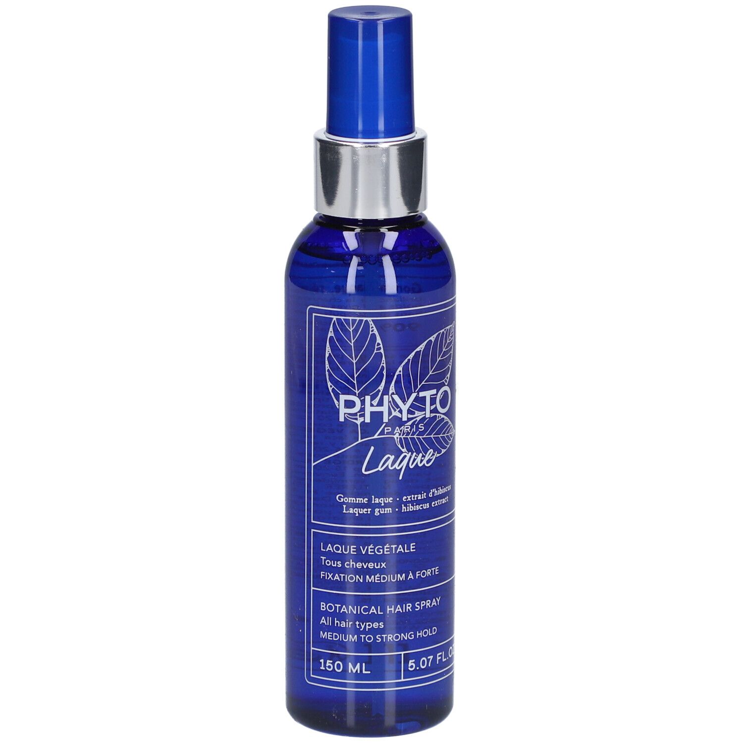 Blaue Sprühflasche mit silbernem Kragen. Aufschrift: PHYTO, Laque, 150 ml, Botanical Hair Spray, Fixierung mittel bis stark.