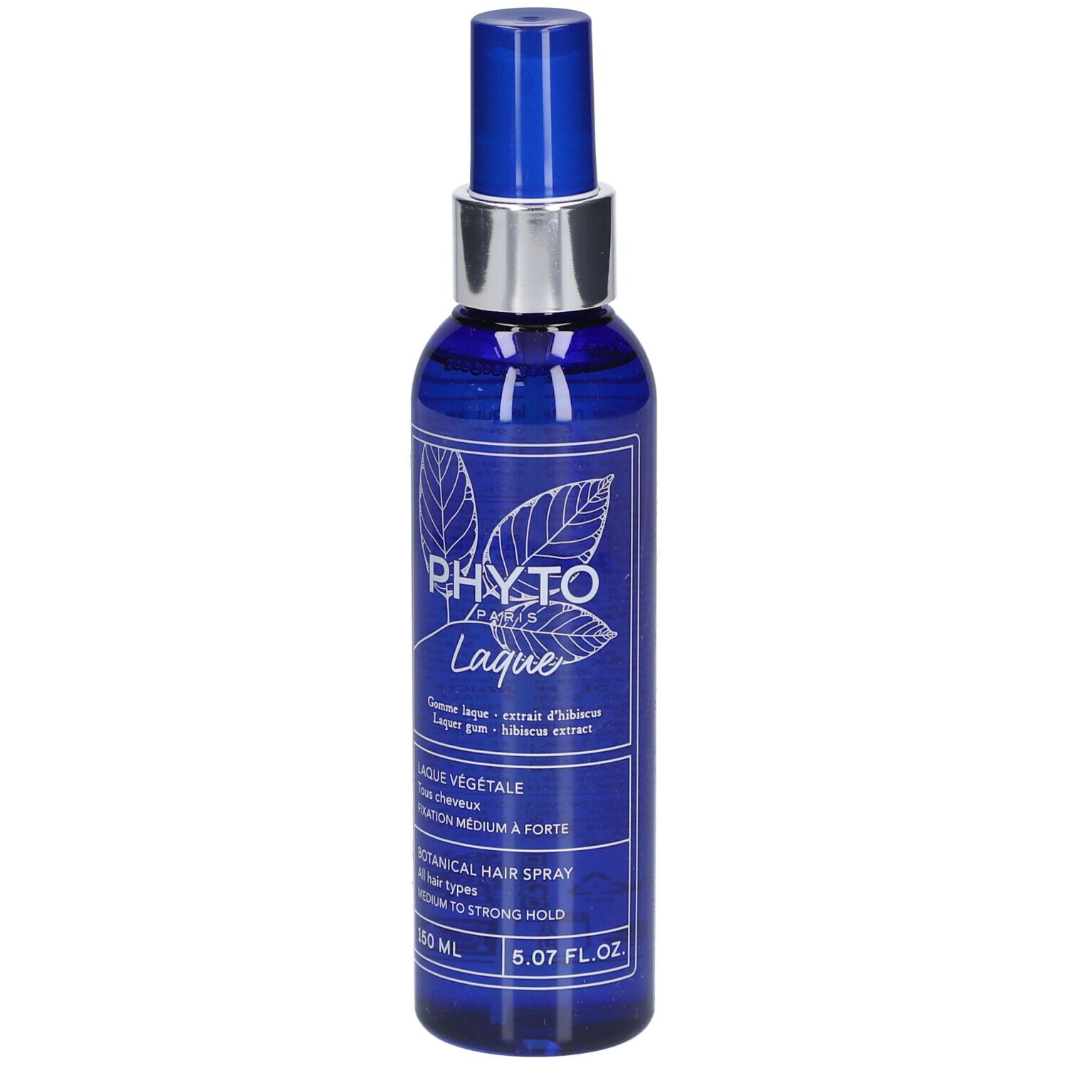 Blaue Sprühflasche mit silbernem Kragen. Aufschrift: PHYTO, Laque, 150 ml, Botanical Hair Spray, Fixierung mittel bis stark.