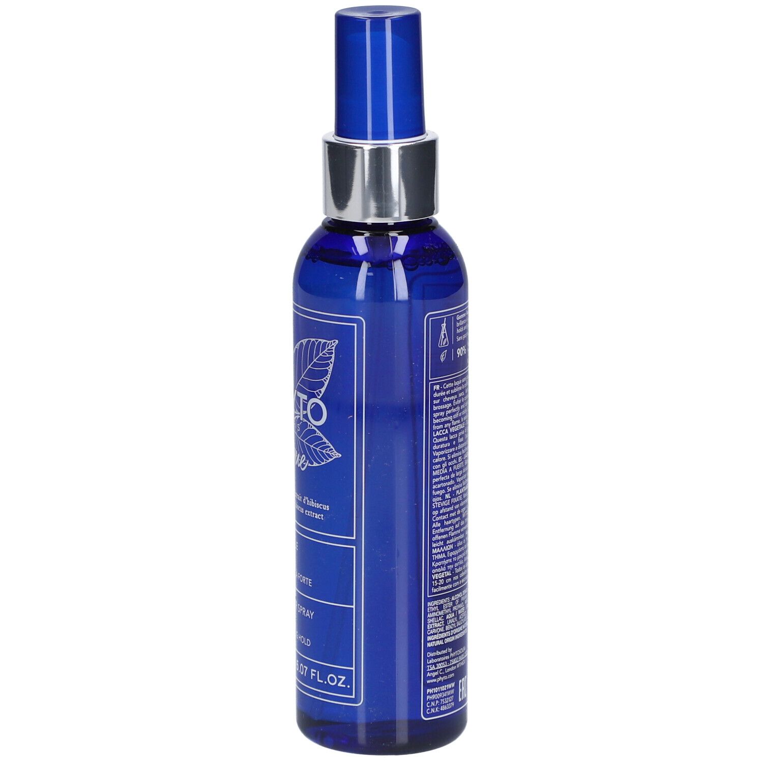 Blaue Sprühflasche mit silbernem Kragen. Aufschrift: PHYTO, Laque, 150 ml, Botanical Hair Spray, Fixierung mittel bis stark.