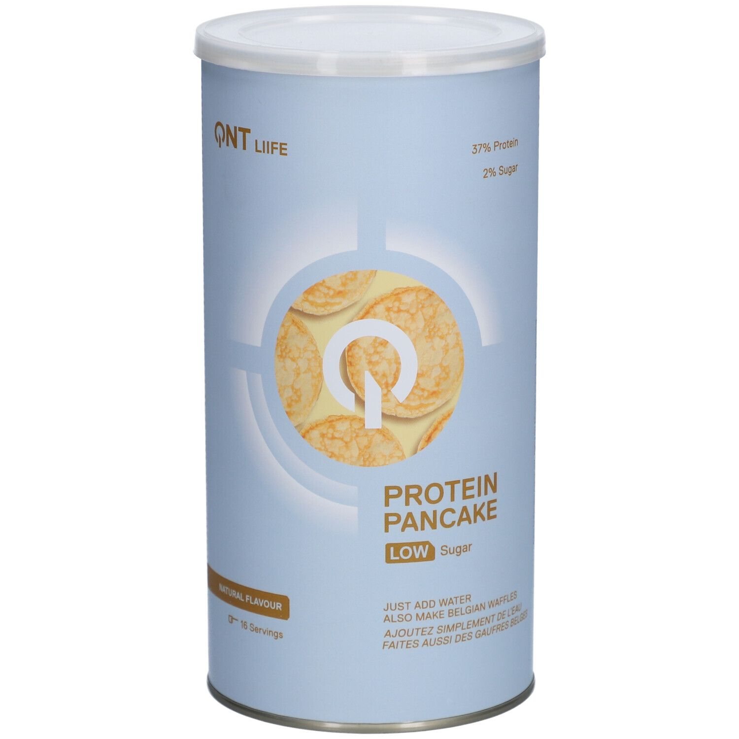 Zylinderdose mit QNT Life Protein Pancake, wenig Zucker. Aufdruck: 57% Protein, 2% Zucker. Natürlicher Geschmack. 16 Portionen.