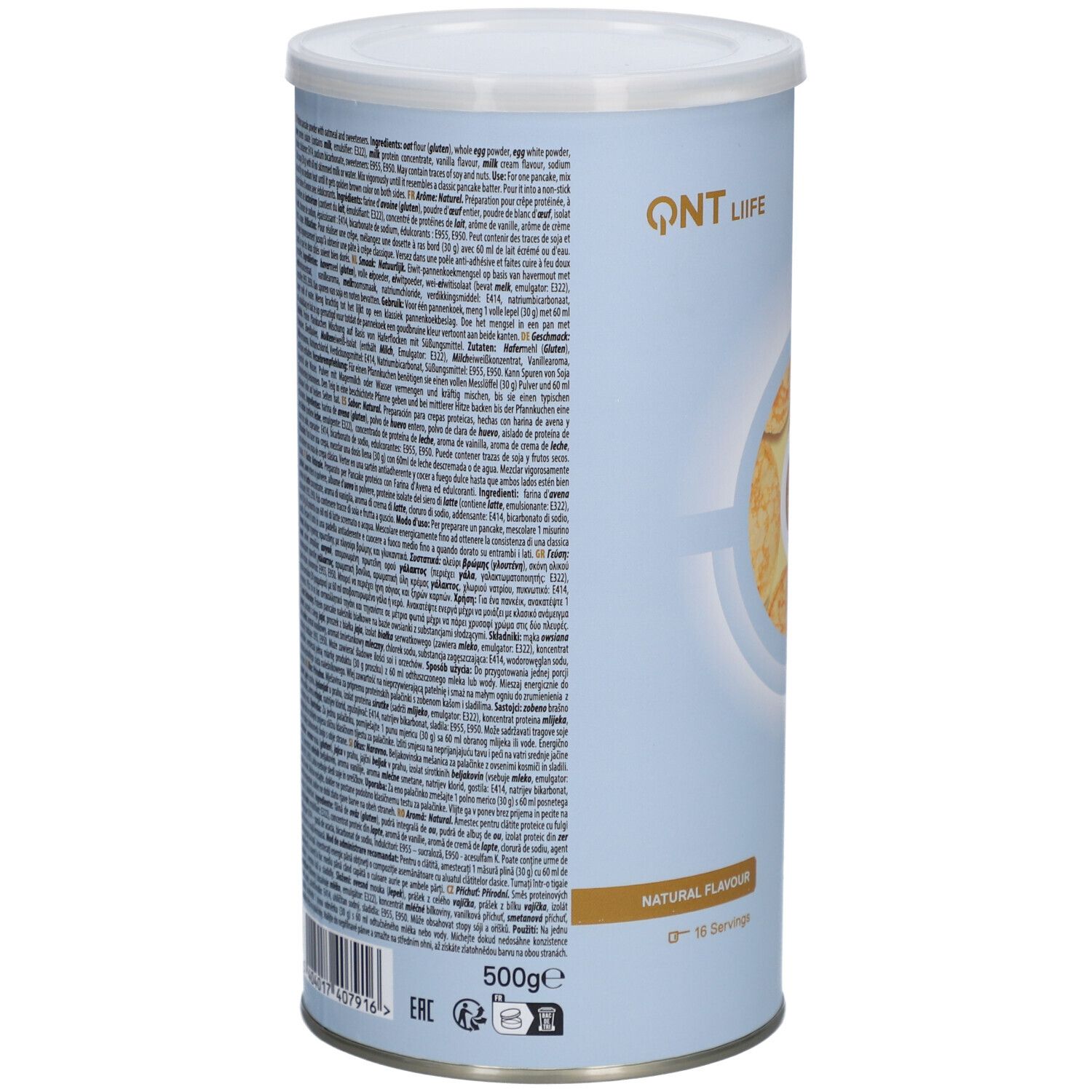 Zylinderdose mit QNT Life Protein Pancake. Rückseite mit Text in verschiedenen Sprachen. Natürlicher Geschmack. 500g. 16 Portionen.