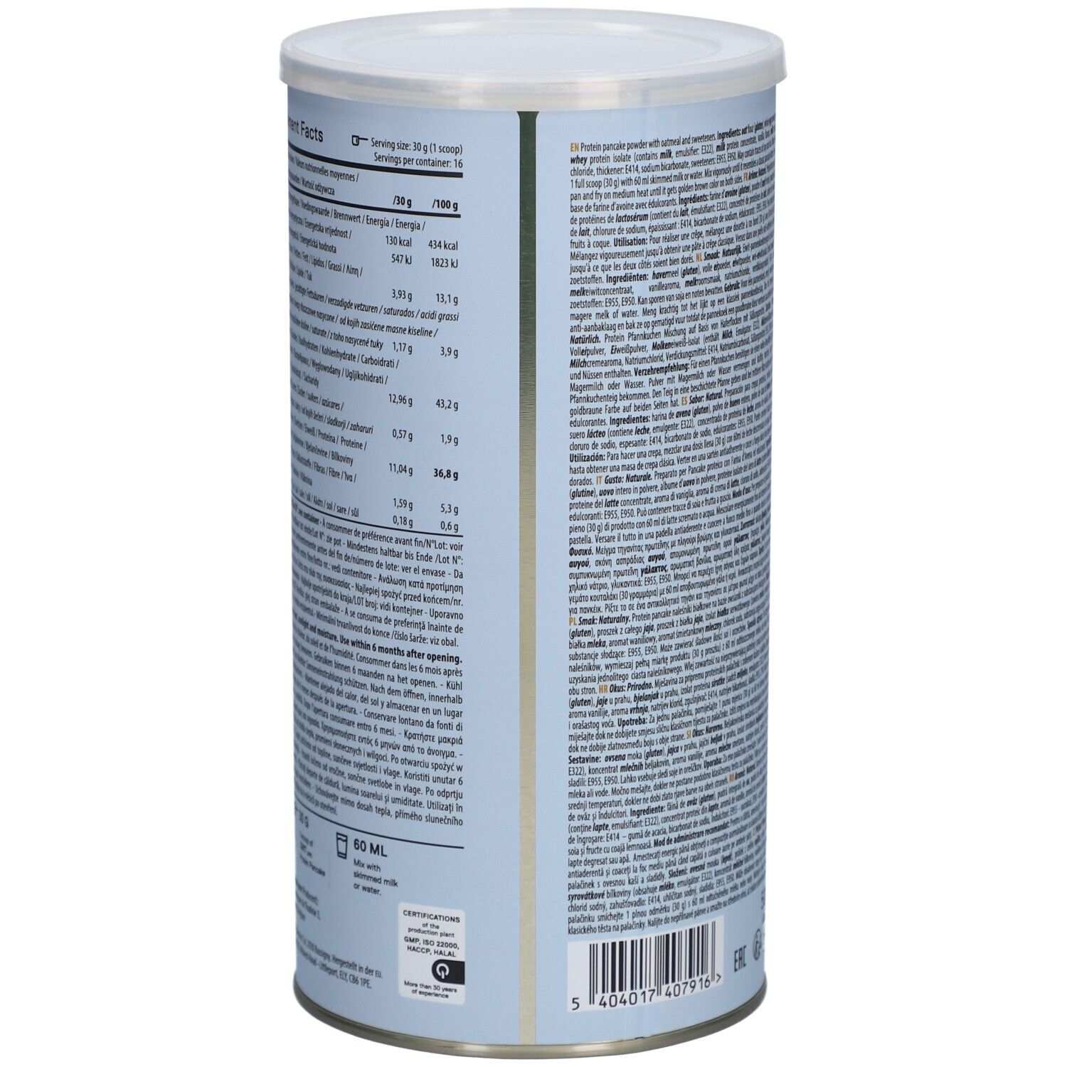 Zylinderdose mit QNT Life Protein Pancake. Rückseite mit Nährwertangaben. 500g. 16 Portionen. 30g pro Portion.
