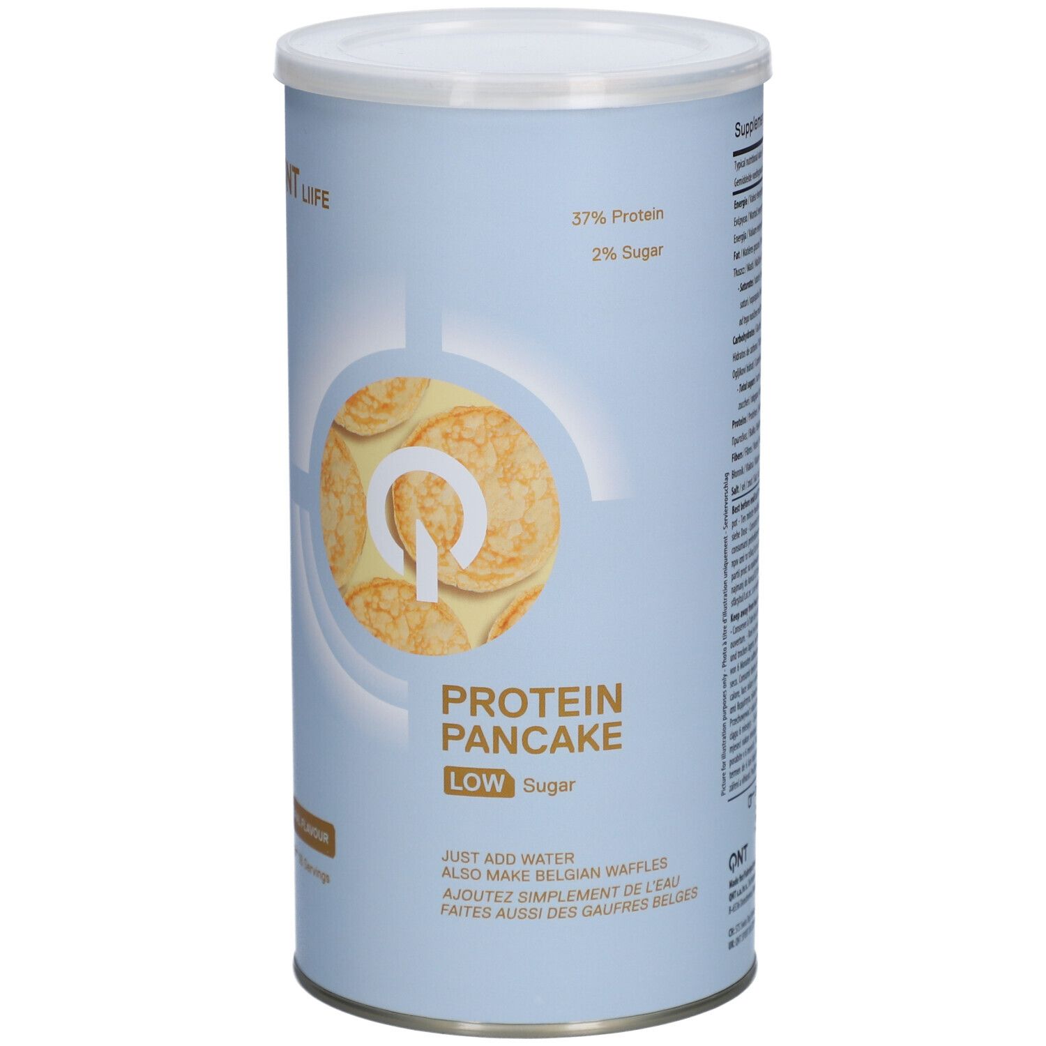 Zylinderdose mit QNT Life Protein Pancake, wenig Zucker. Aufdruck: 57% Protein, 2% Zucker. Natürlicher Geschmack. 16 Portionen.