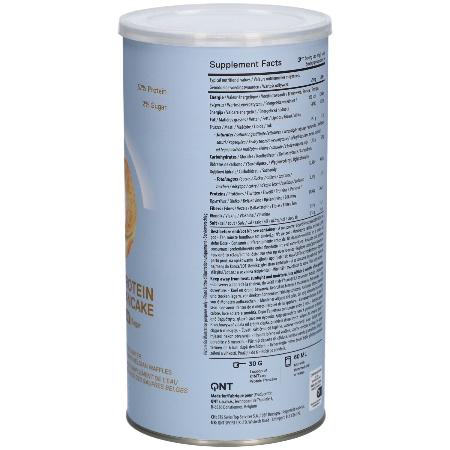 Zylinderdose mit QNT Life Protein Pancake. Rückseite mit Nährwertangaben. 500g. 16 Portionen. 30g pro Portion.