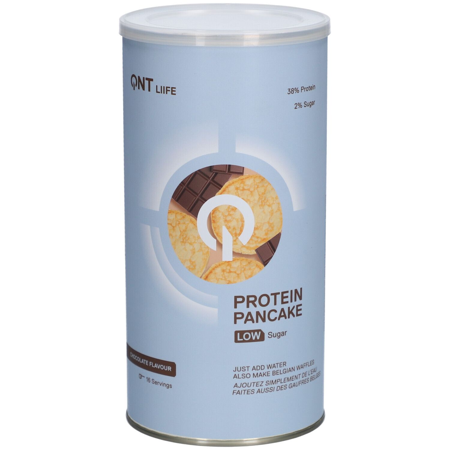 Zylinderdose mit QNT Life Protein Pancake, Schokoladengeschmack. Enthält 38% Protein, 2% Zucker. Abbildung von Pfannkuchen und Schokolade.