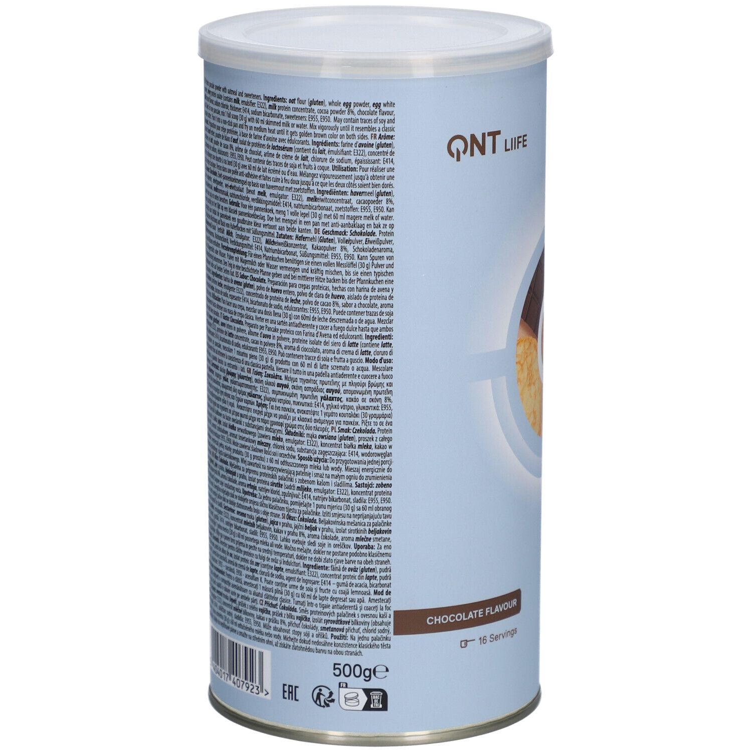 Zylinderdose mit QNT Life Protein Pancake, Schokoladengeschmack. Rückseite mit Zutatenliste und Nährwertangaben. 500g, 16 Portionen.