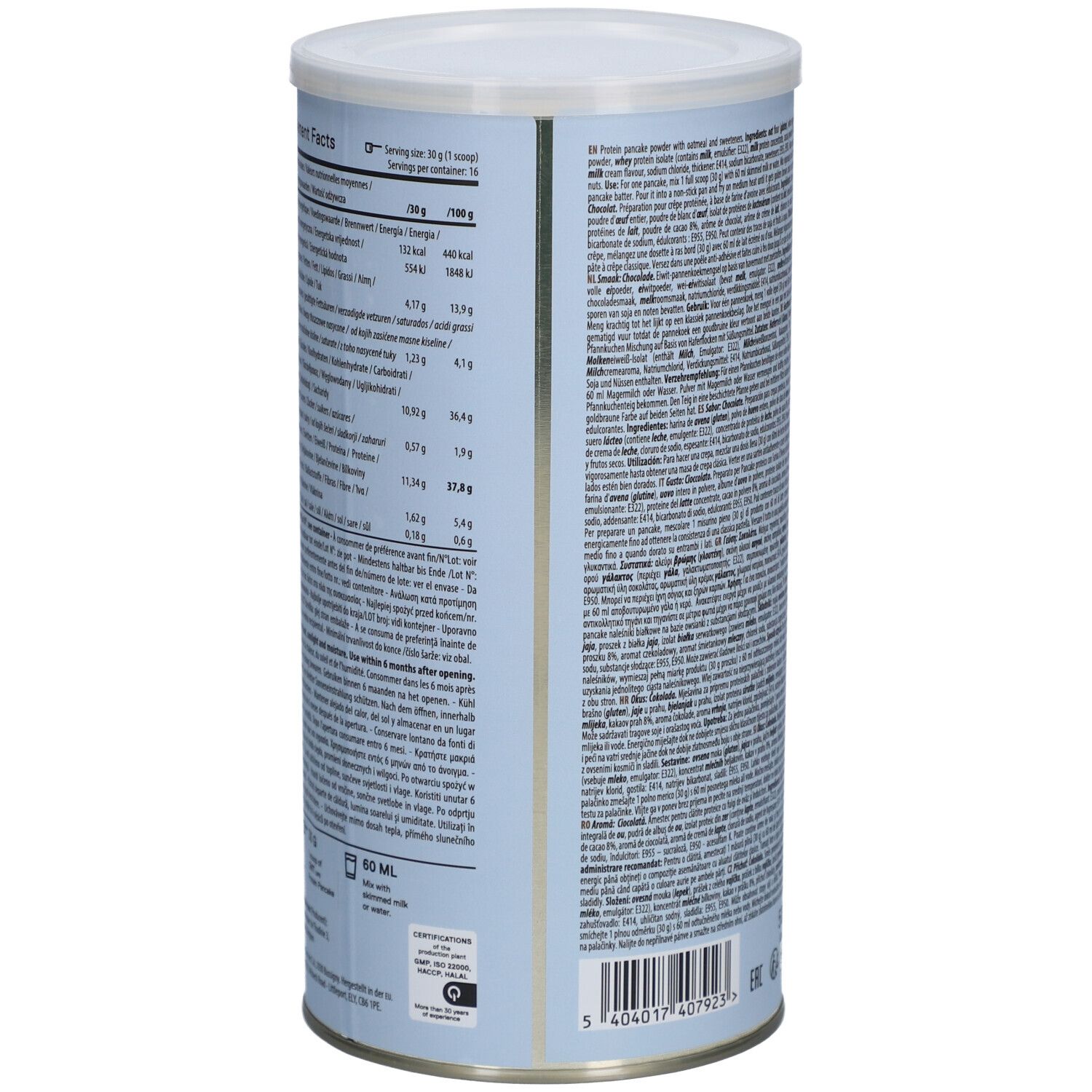 Zylinderdose mit QNT Life Protein Pancake. Rückseite mit Nährwertangaben. Enthält 38% Protein, 2% Zucker. 500g, 16 Portionen.