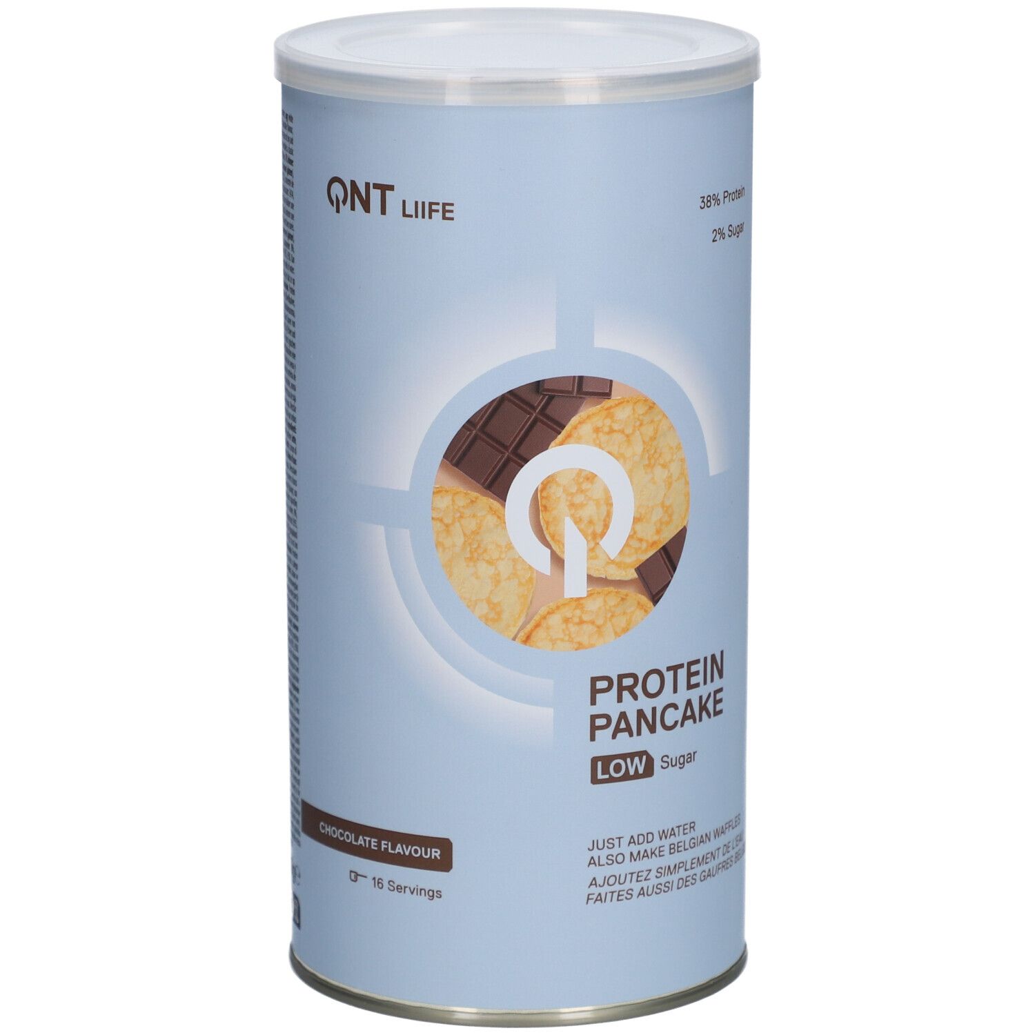 Zylinderdose mit QNT Life Protein Pancake, Schokoladengeschmack. Enthält 38% Protein, 2% Zucker. Abbildung von Pfannkuchen und Schokolade.