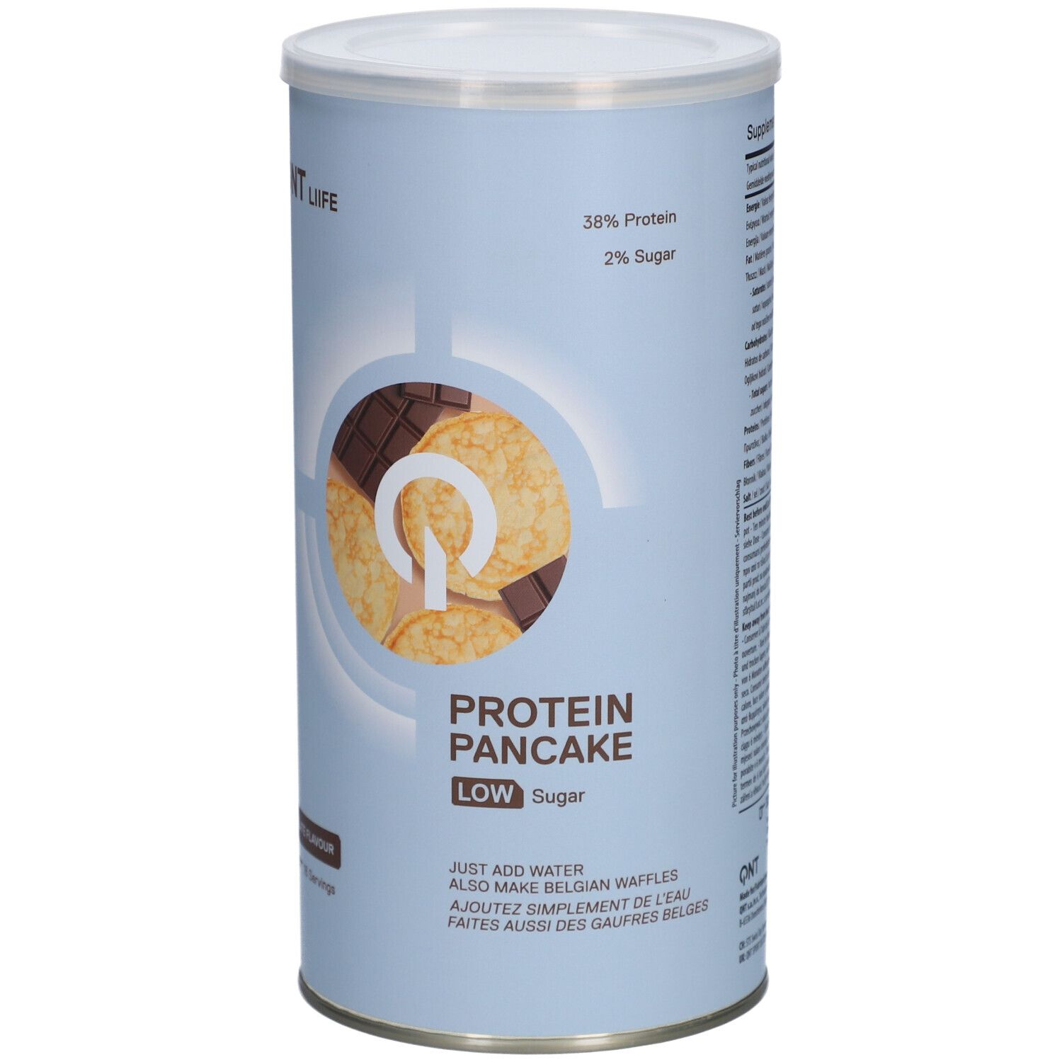 Zylinderdose mit QNT Life Protein Pancake. Enthält 38% Protein, 2% Zucker. Abbildung von Pfannkuchen und Schokolade. 16 Portionen.