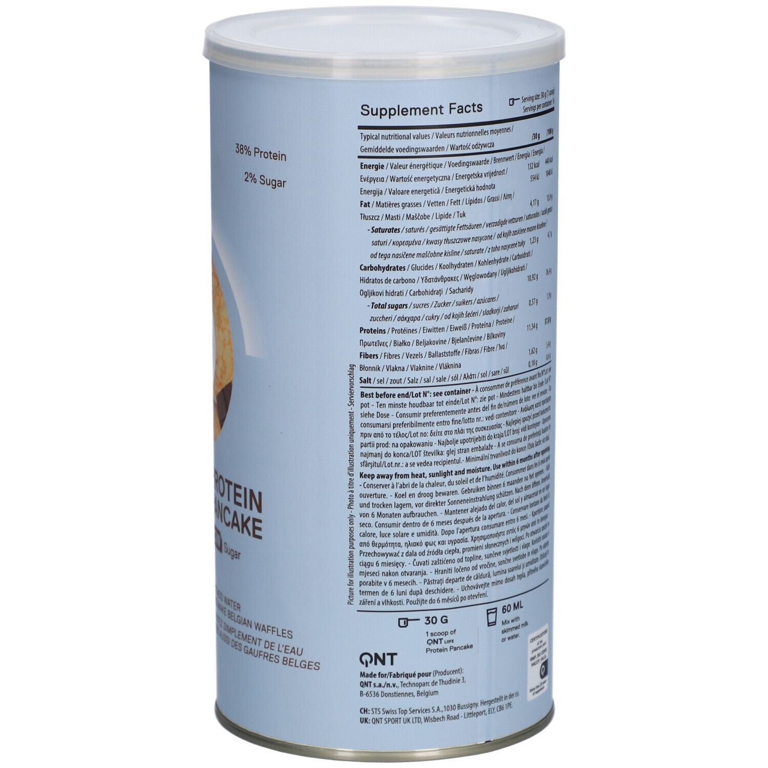Zylinderdose mit QNT Life Protein Pancake. Rückseite mit Nährwertangaben. Enthält 38% Protein, 2% Zucker. 16 Portionen.