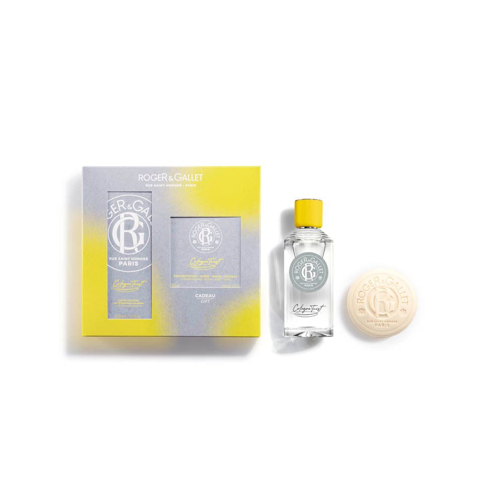 Coffret cadeau avec flacon et savon. Emballage gris et jaune. Flacon et savon à côté.