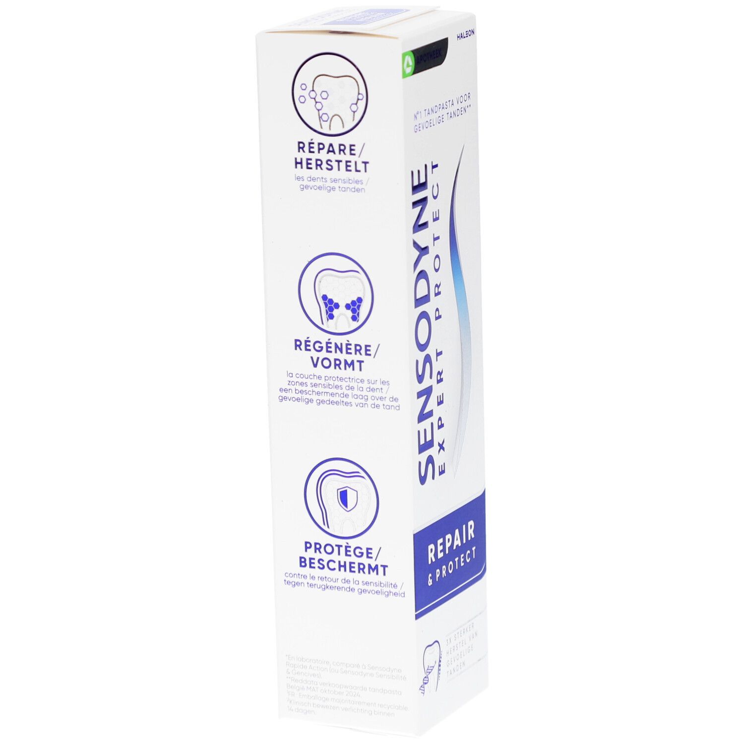 Zahncreme-Verpackung Sensodyne Expert Protect. Weiß, blau. Text: Expert Protect, Repair & Protect. Illustrationen: Zähne.