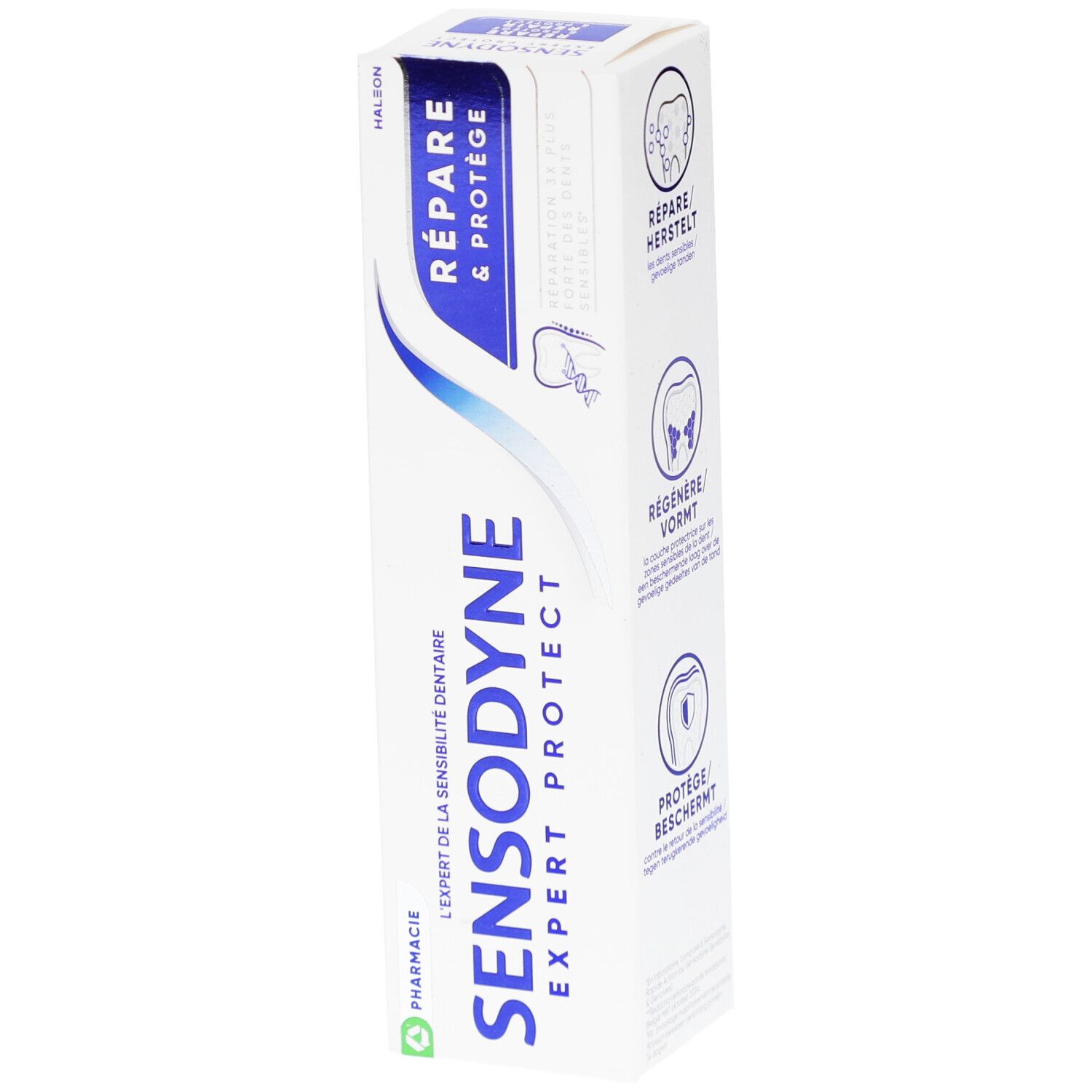 Zahncreme-Verpackung Sensodyne Expert Protect. Weiß, blau. Text: Expert Protect, Repair & Protect. Ansicht schräg von vorne.