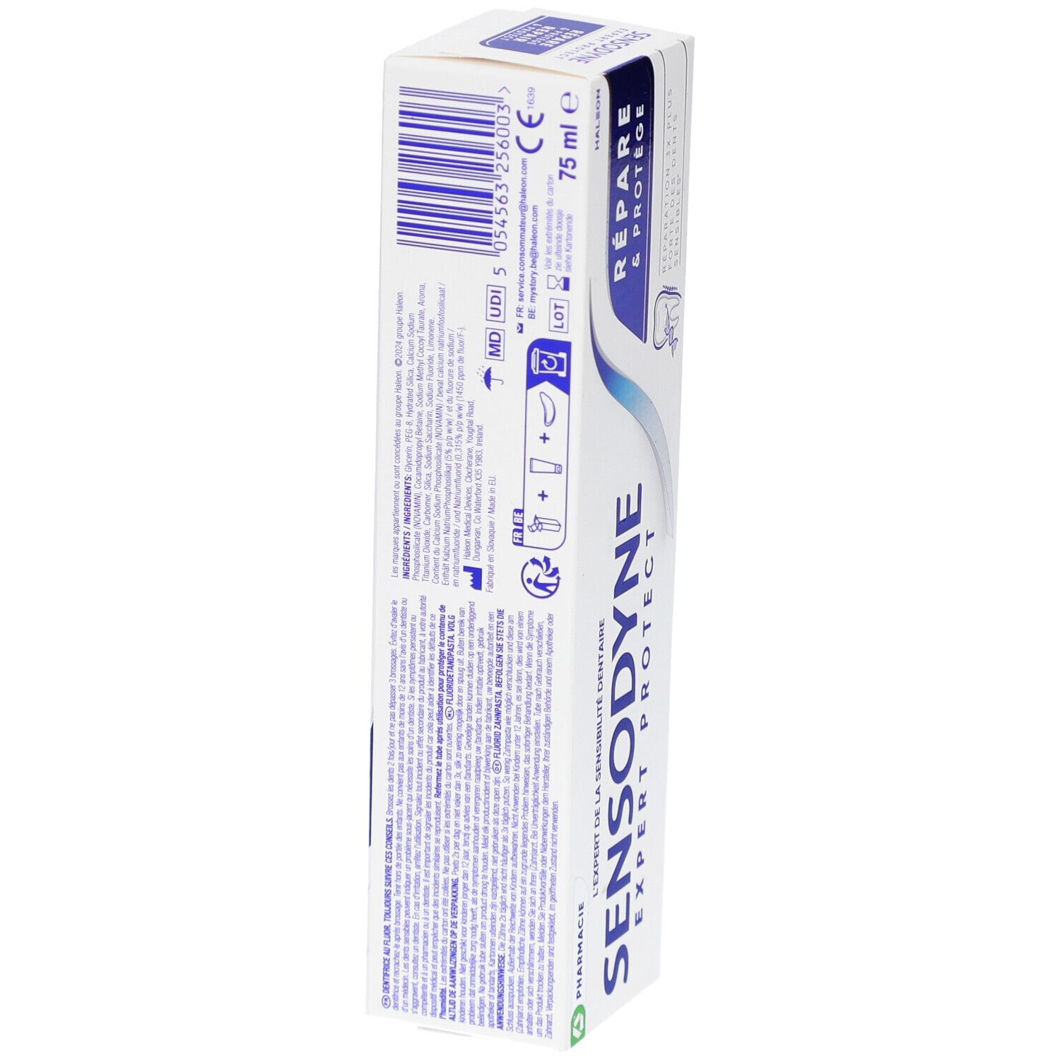 Zahncreme-Verpackung Sensodyne Expert Protect. Weiß, blau. Text: Expert Protect, 75 ml. Rückseite mit Inhaltsstoffen und Informationen.