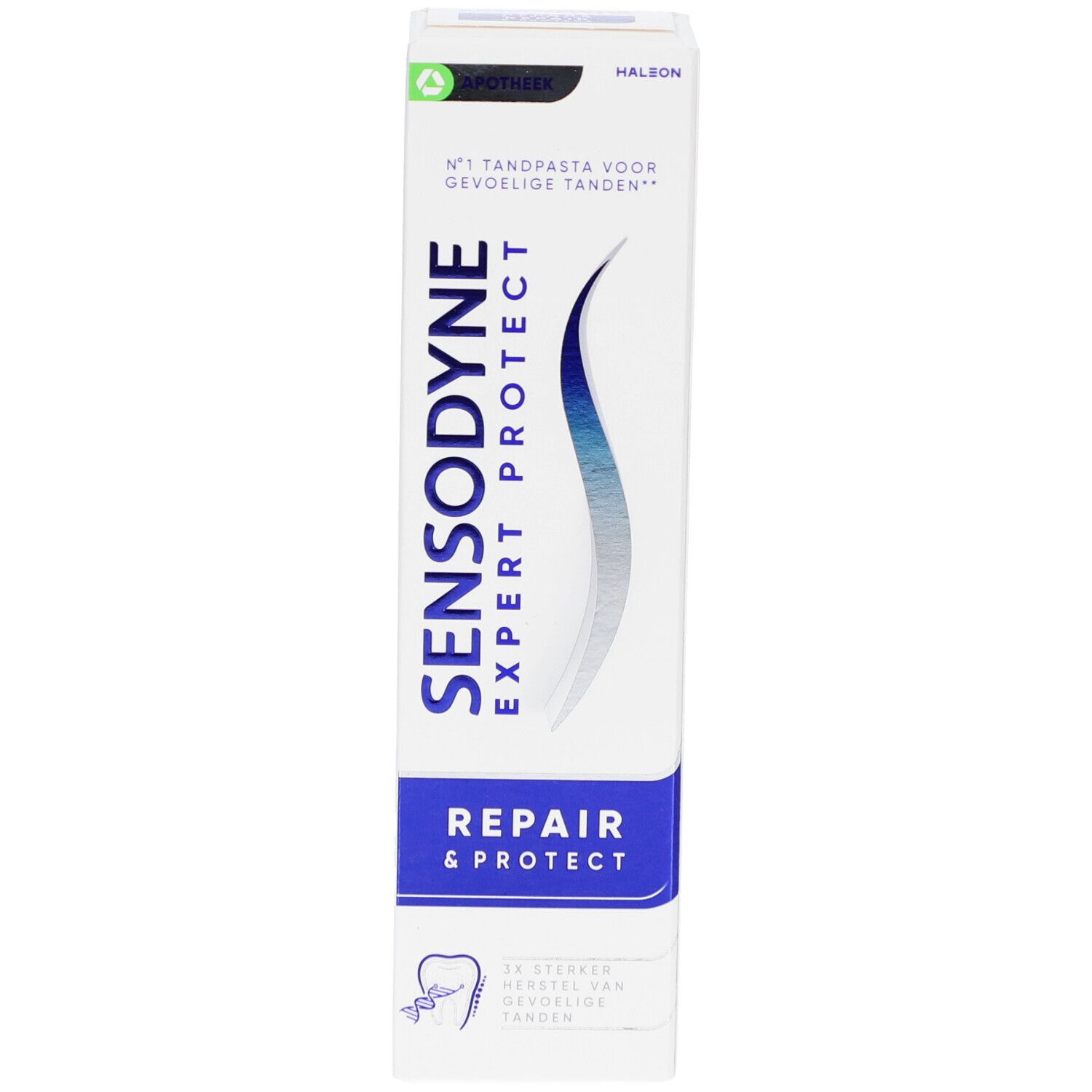 Zahncreme-Tube Sensodyne Expert Protect. Weiß, blau. Text: Expert Protect, Repair & Protect. Verpackung mit Recycling-Symbol.