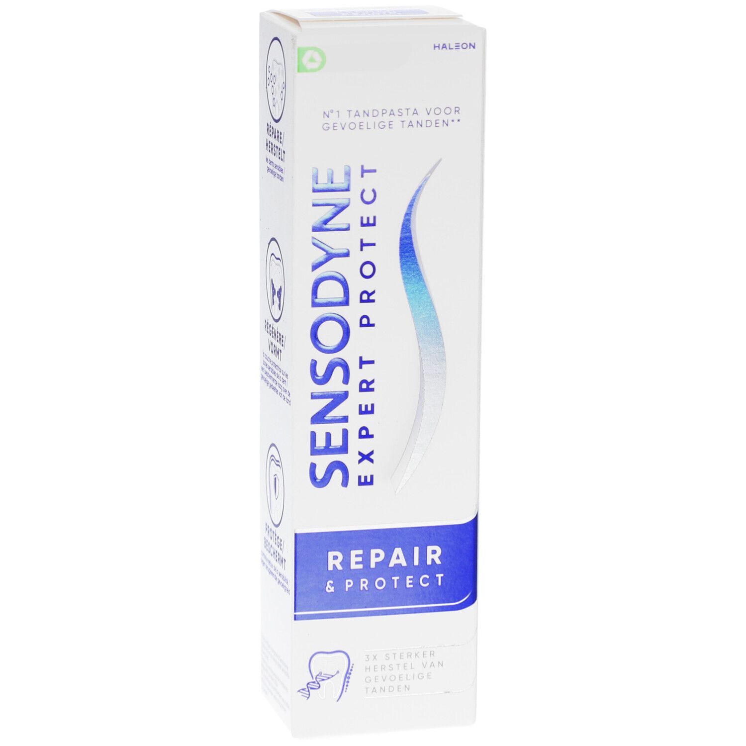 Zahncreme-Tube Sensodyne Expert Protect. Weiß, blau. Text: Expert Protect, Repair & Protect. Verpackung mit Recycling-Symbol.