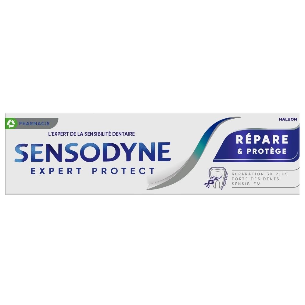 Sensodyne Expert Protect Zahnpasta in einer weißen Tube, mit blauer Schrift und einem blauen Wellenmuster.