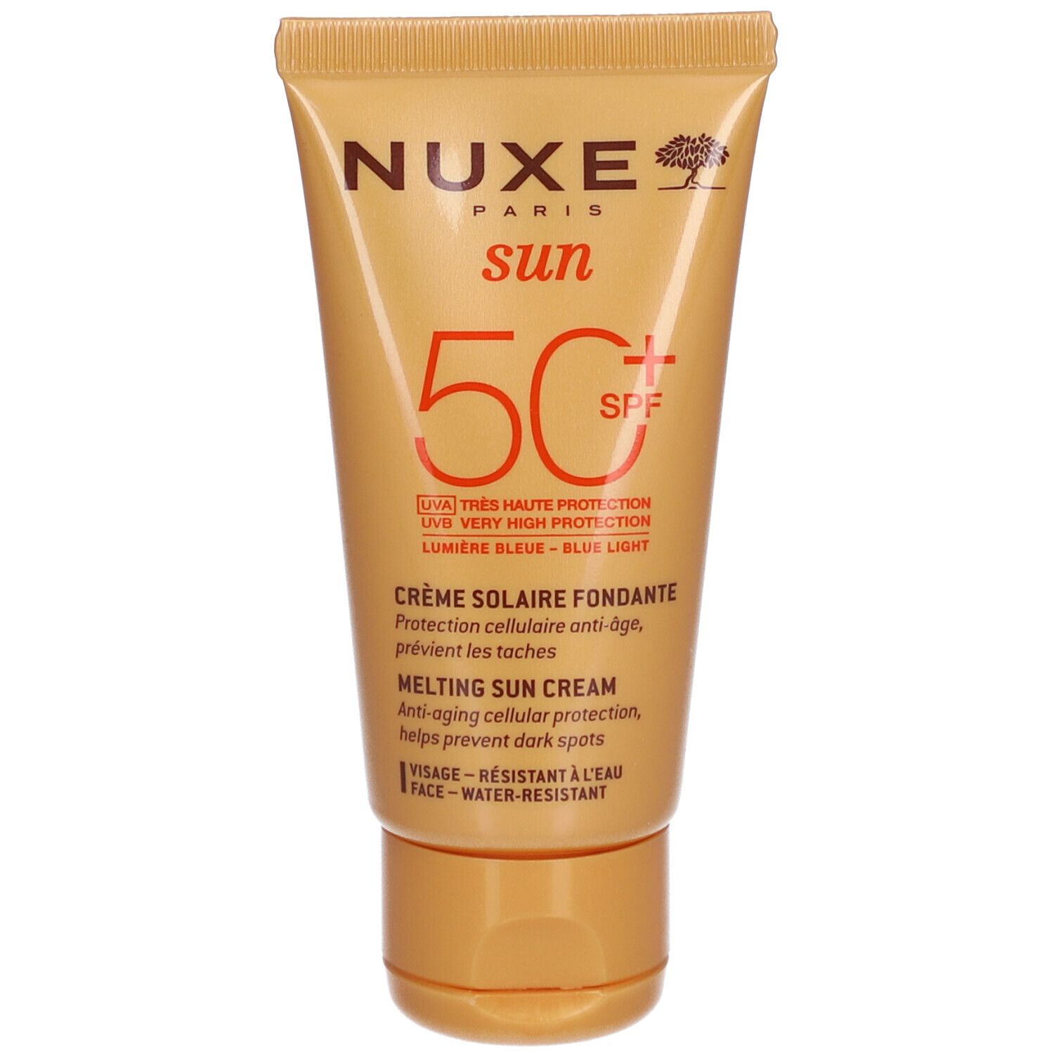 Sonnencreme-Tube, goldfarben. Aufschrift: Nuxe Sun, SPF 50+. Text: Crème Solaire Fondante, Melting Sun Cream. Wasserfest.