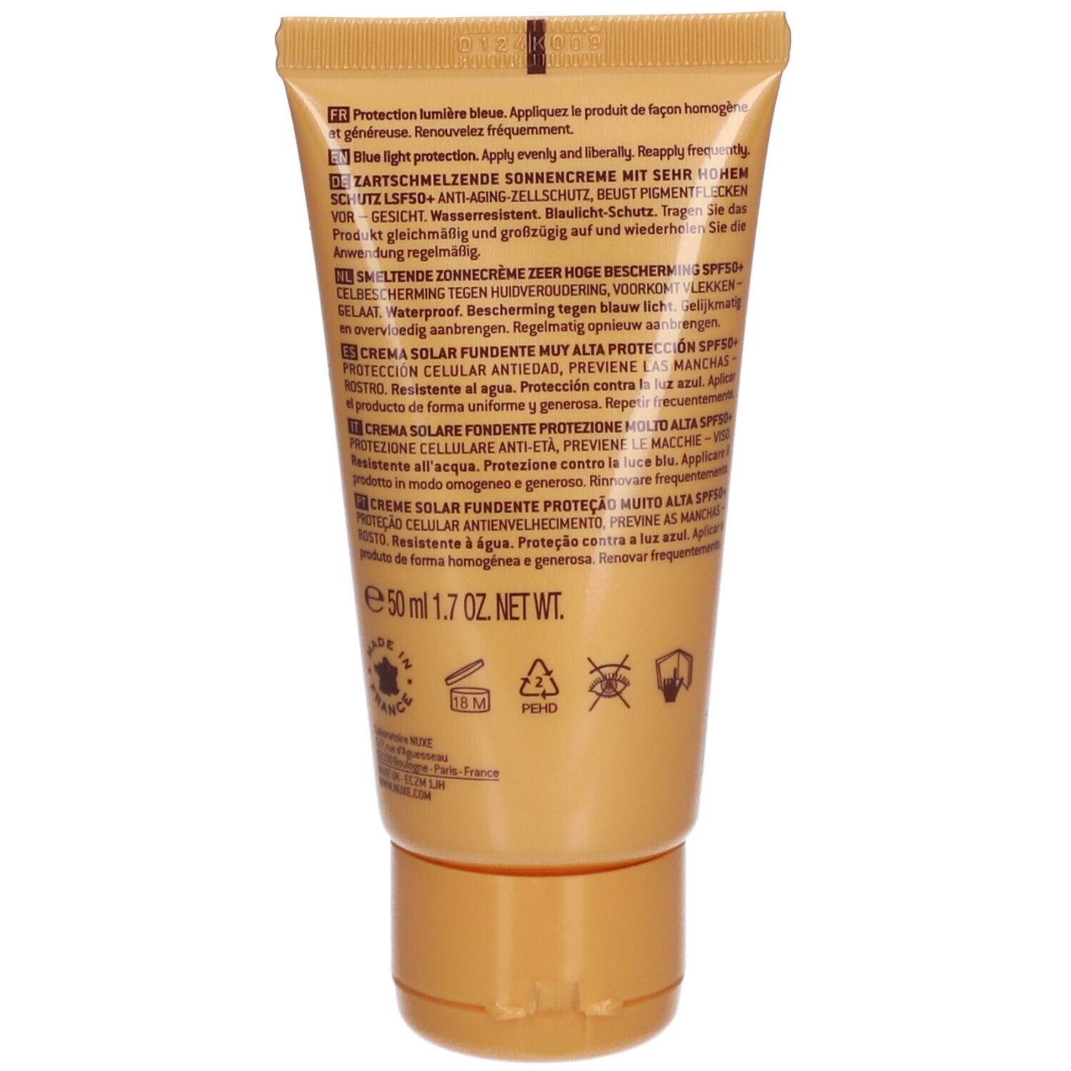 Rückseite der Sonnencreme-Tube. Text in mehreren Sprachen. Inhaltsstoffe, Anwendungshinweise, und Herstellerinformationen.