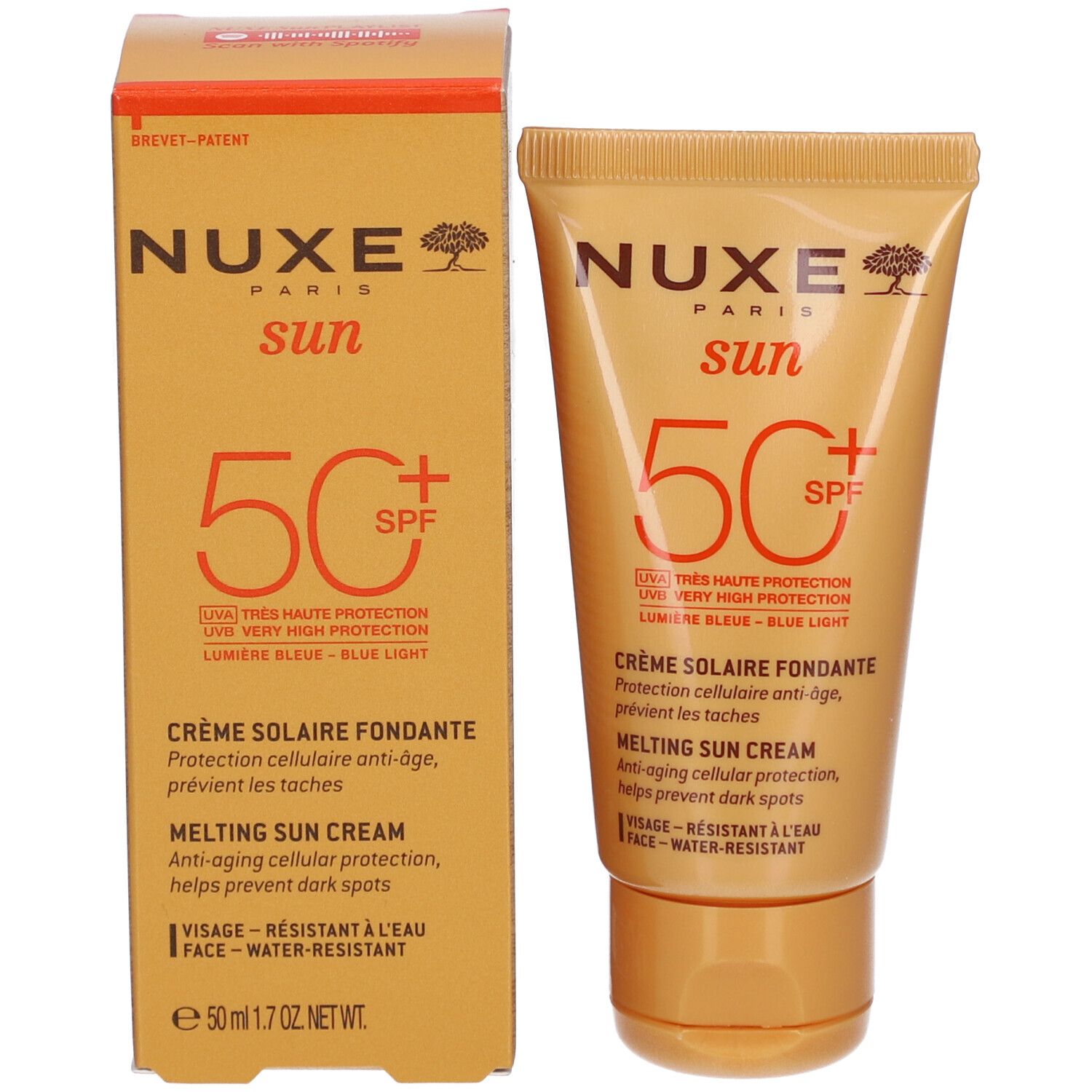 Sonnencreme-Tube und Schachtel. Aufschrift: Nuxe Sun, SPF 50+. Text: Crème Solaire Fondante, Melting Sun Cream. Verpackung orange.