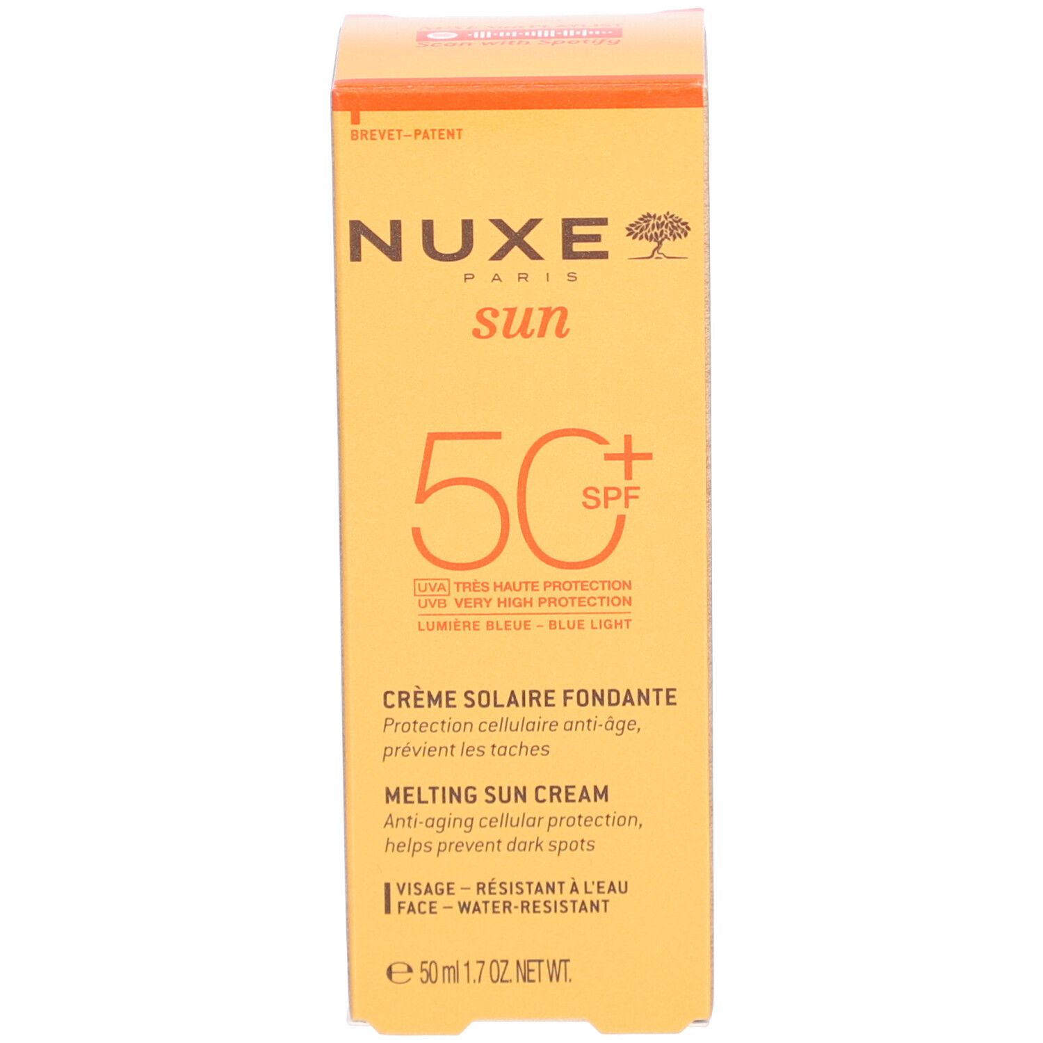 Orangefarbene Schachtel. Aufschrift: Nuxe Sun, SPF 50+. Text: Crème Solaire Fondante, Melting Sun Cream. Herstellerinformationen.