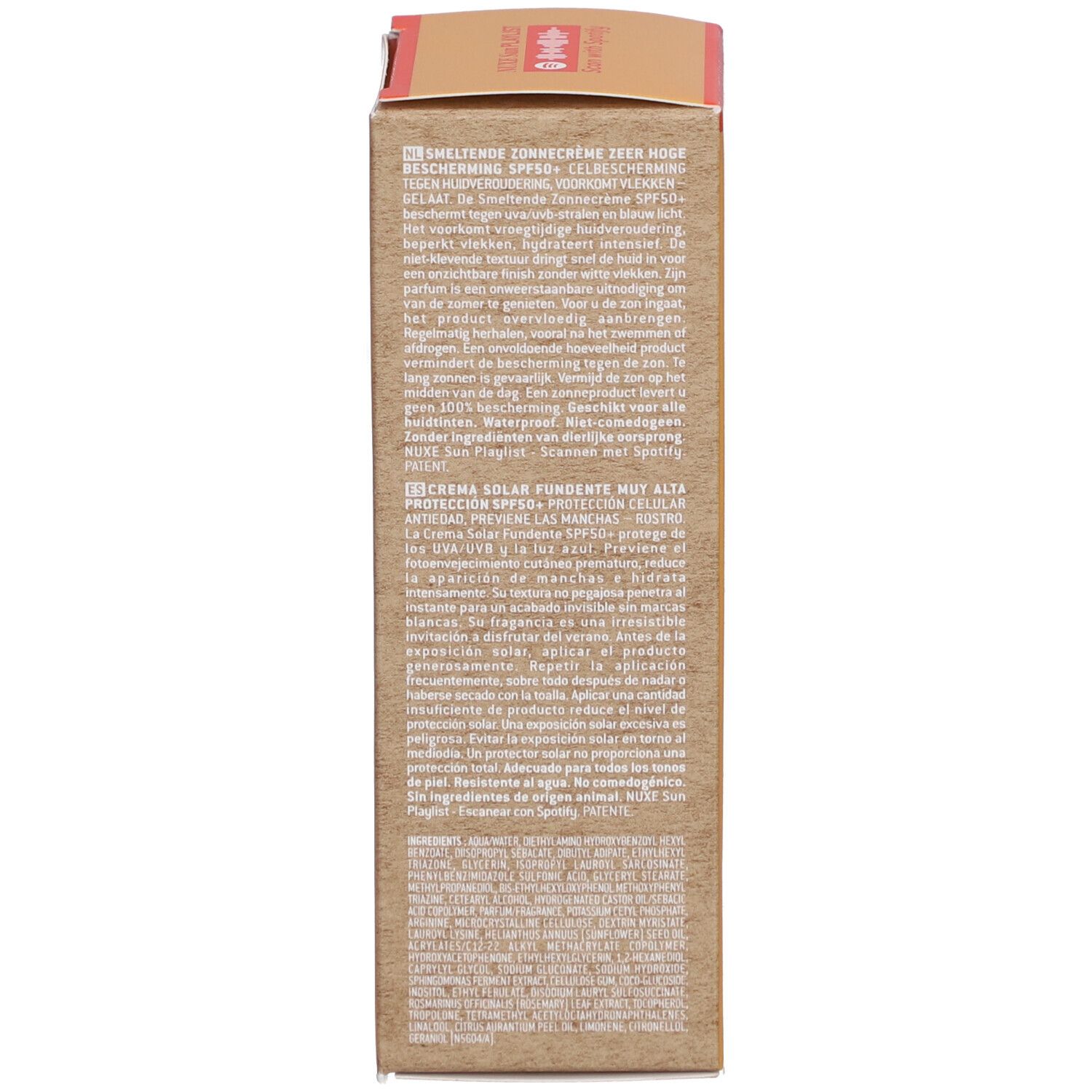 Rückseite der Schachtel. Text in mehreren Sprachen. Inhaltsstoffe, Anwendungshinweise, und Herstellerinformationen.
