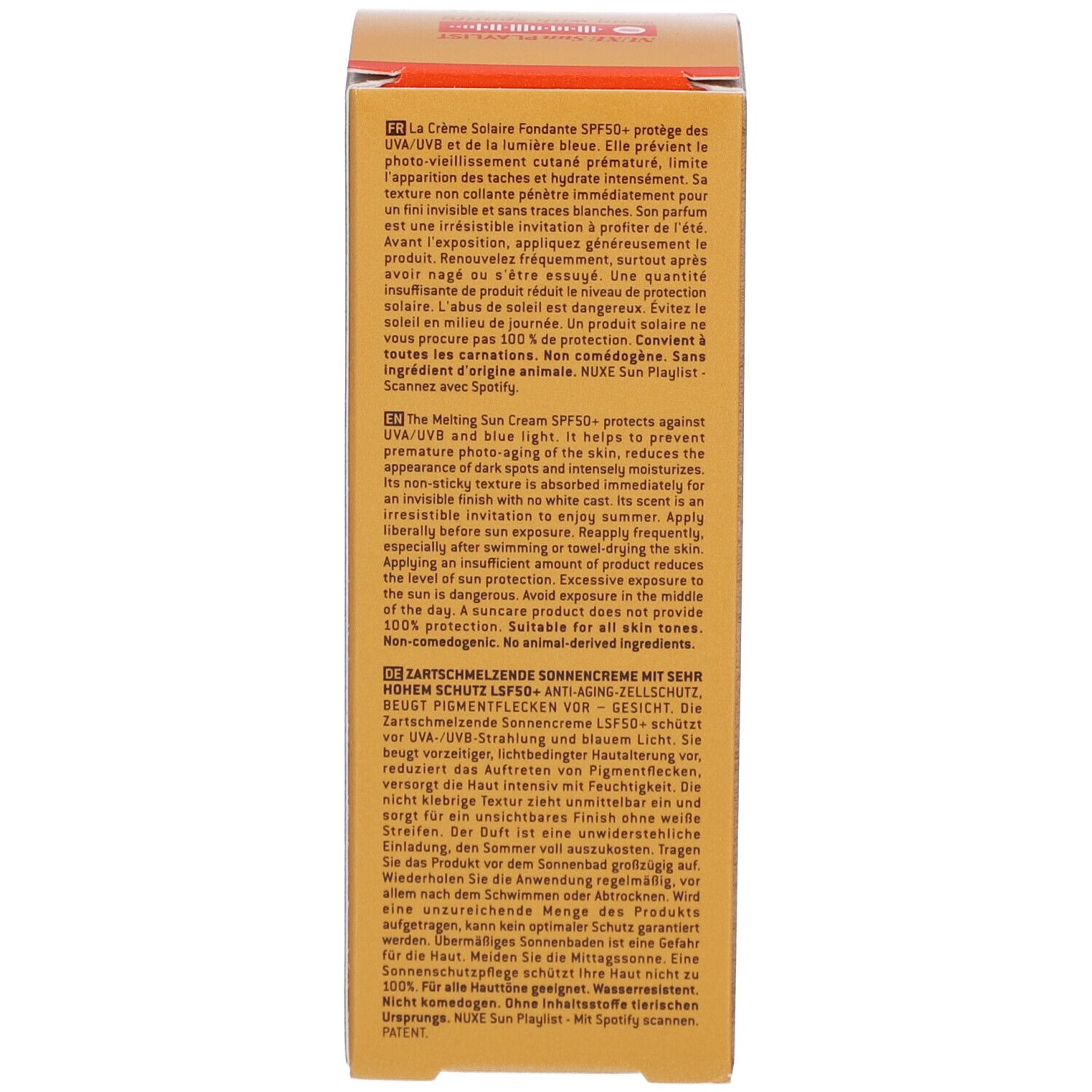 Seite der Schachtel. Text in mehreren Sprachen. Produktbeschreibung, Inhaltsstoffe, und Herstellerinformationen.