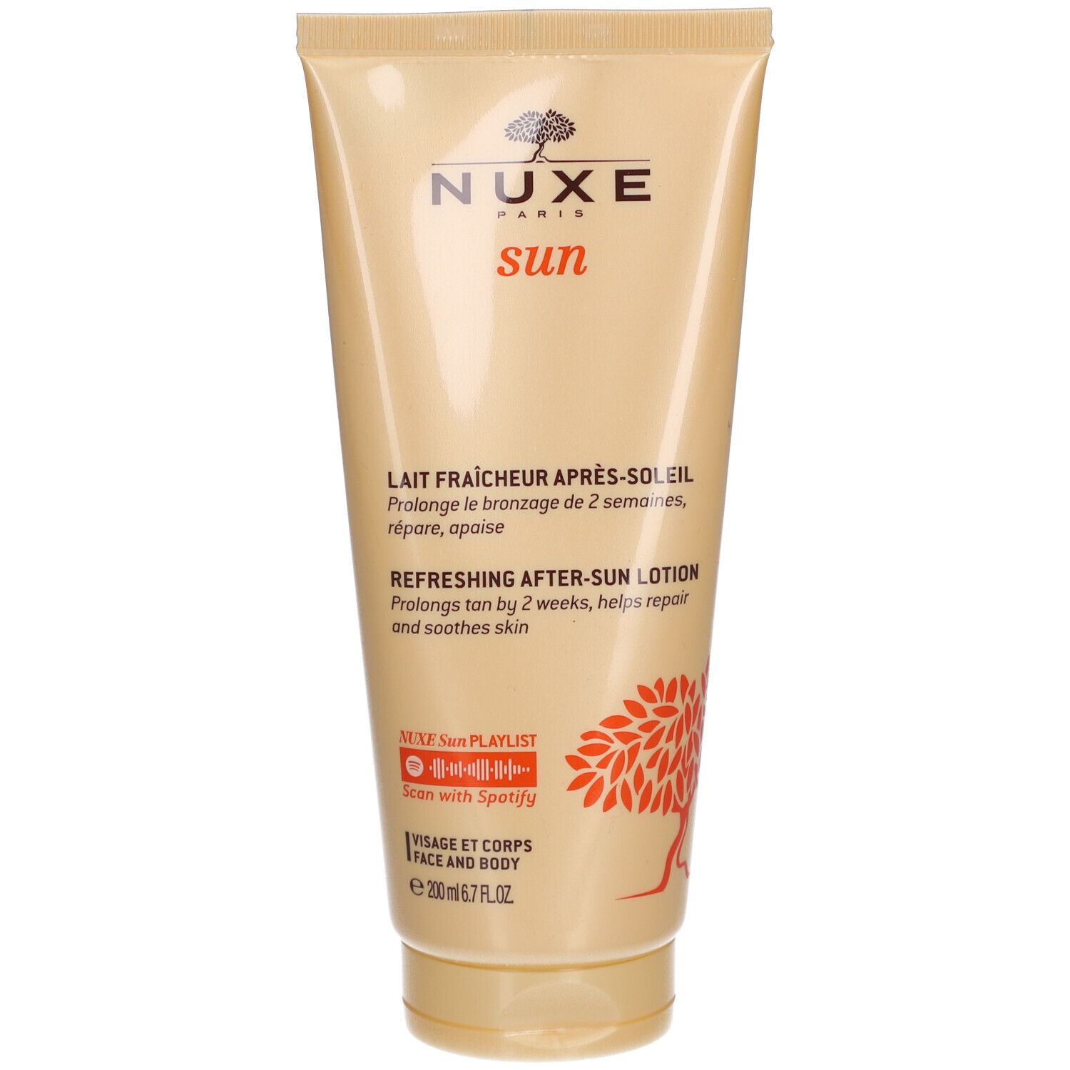 Beige Tube mit Nuxe Sun Aufschrift. Lait Fraîcheur Après-Soleil Text. Gesicht und Körper. 200 ml.