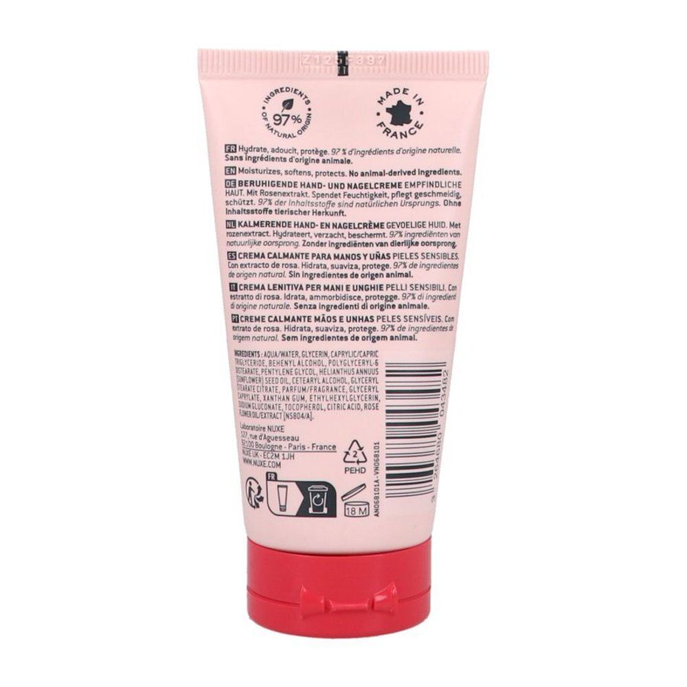 Nuxe Very Rose Hand- und Nagelcreme in einer rosa Tube mit rotem Deckel. 50 ml.